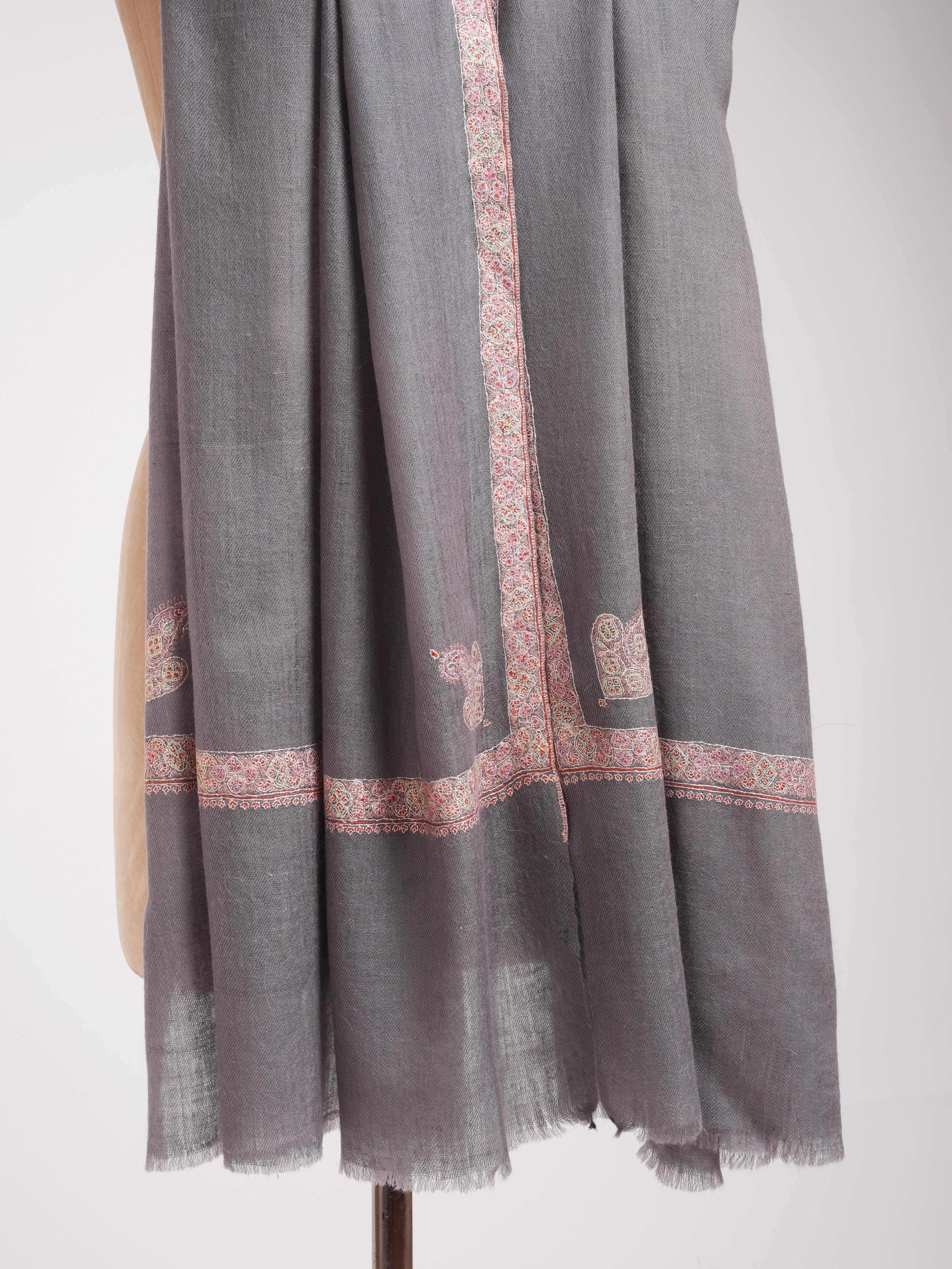 Grey Embroidered Artistic Cashmere Stole