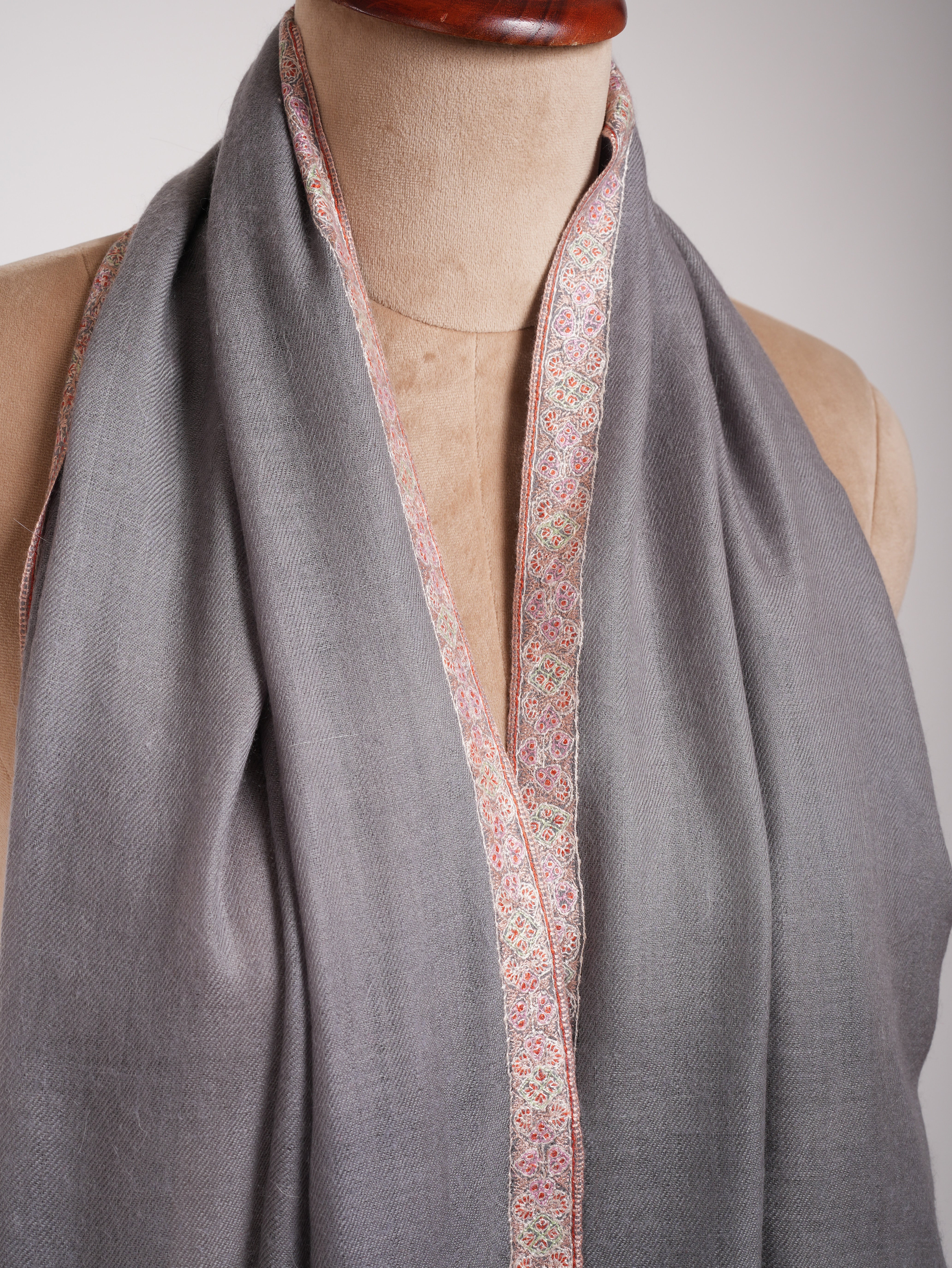 Grey Embroidered Artistic Cashmere Stole