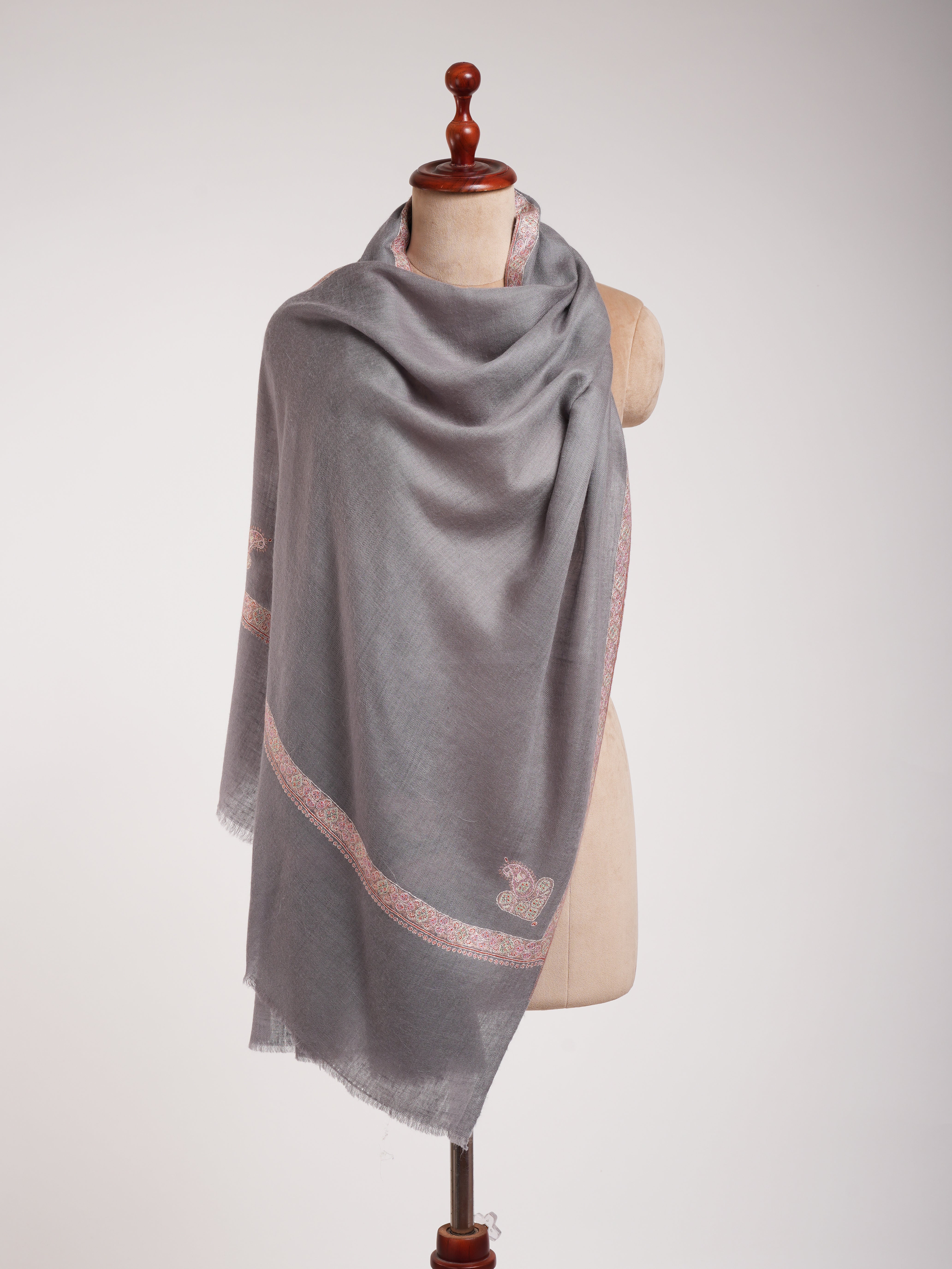 Grey Embroidered Artistic Cashmere Stole