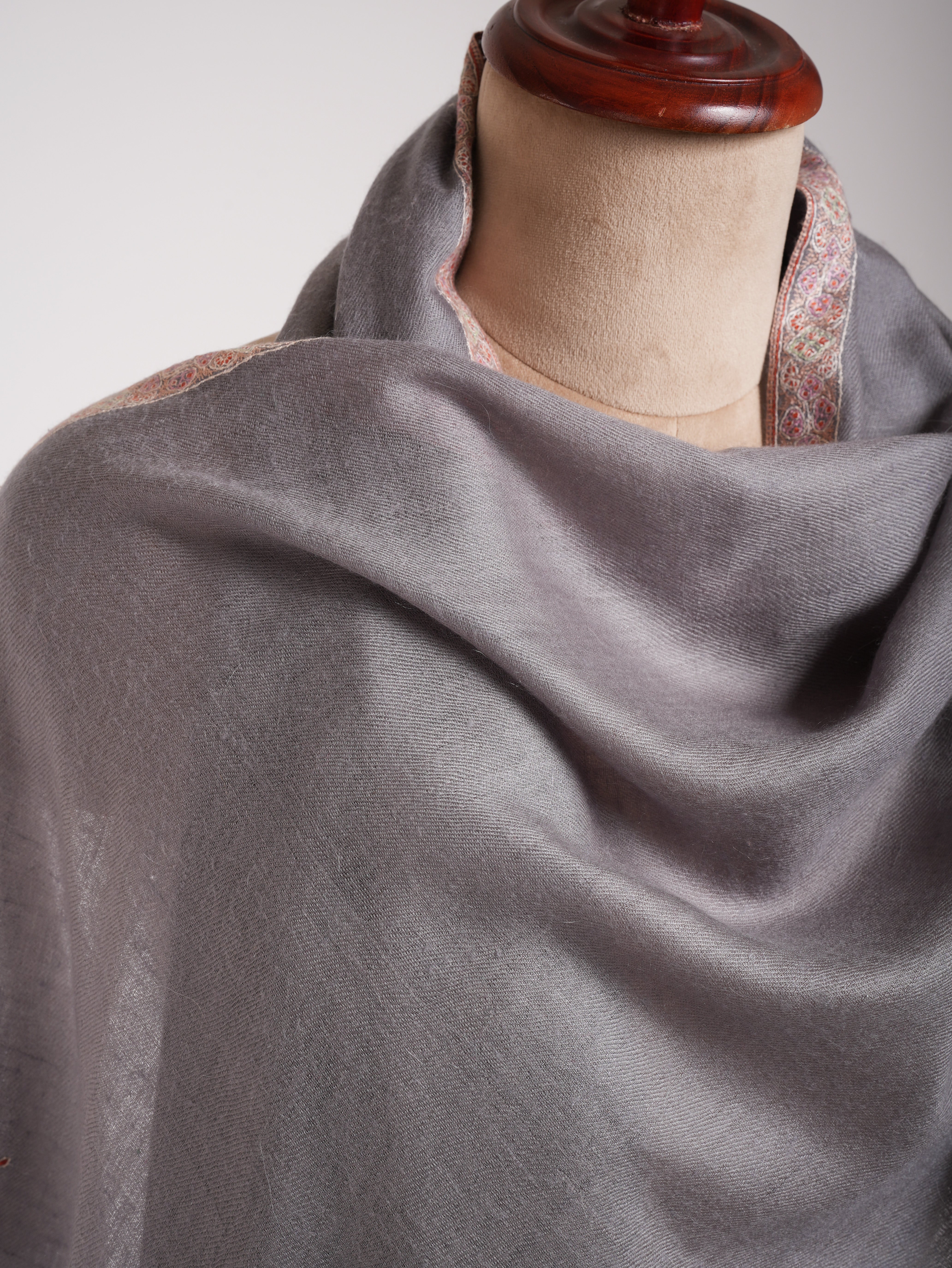 Grey Embroidered Artistic Cashmere Stole