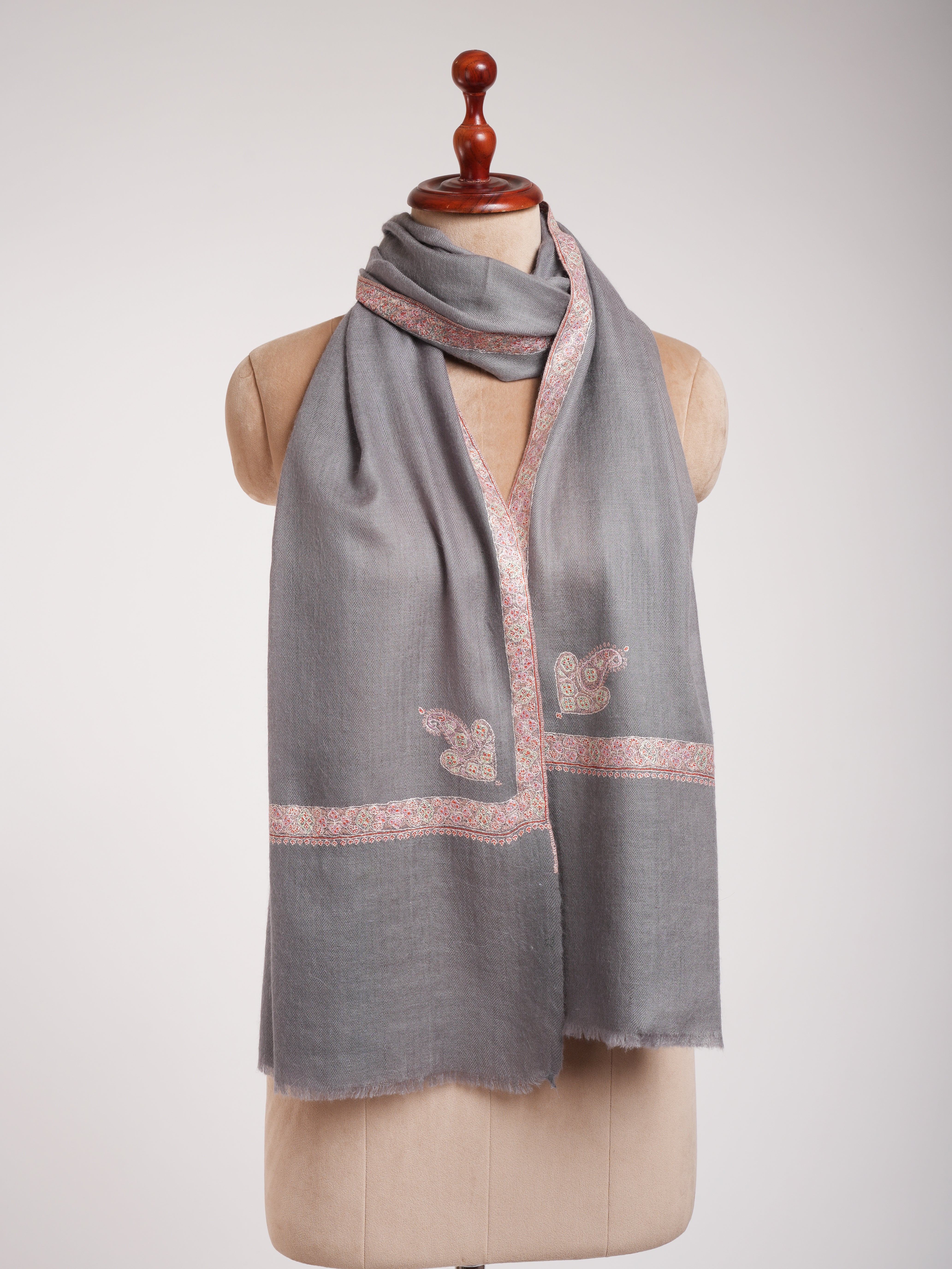 Grey Embroidered Artistic Cashmere Stole