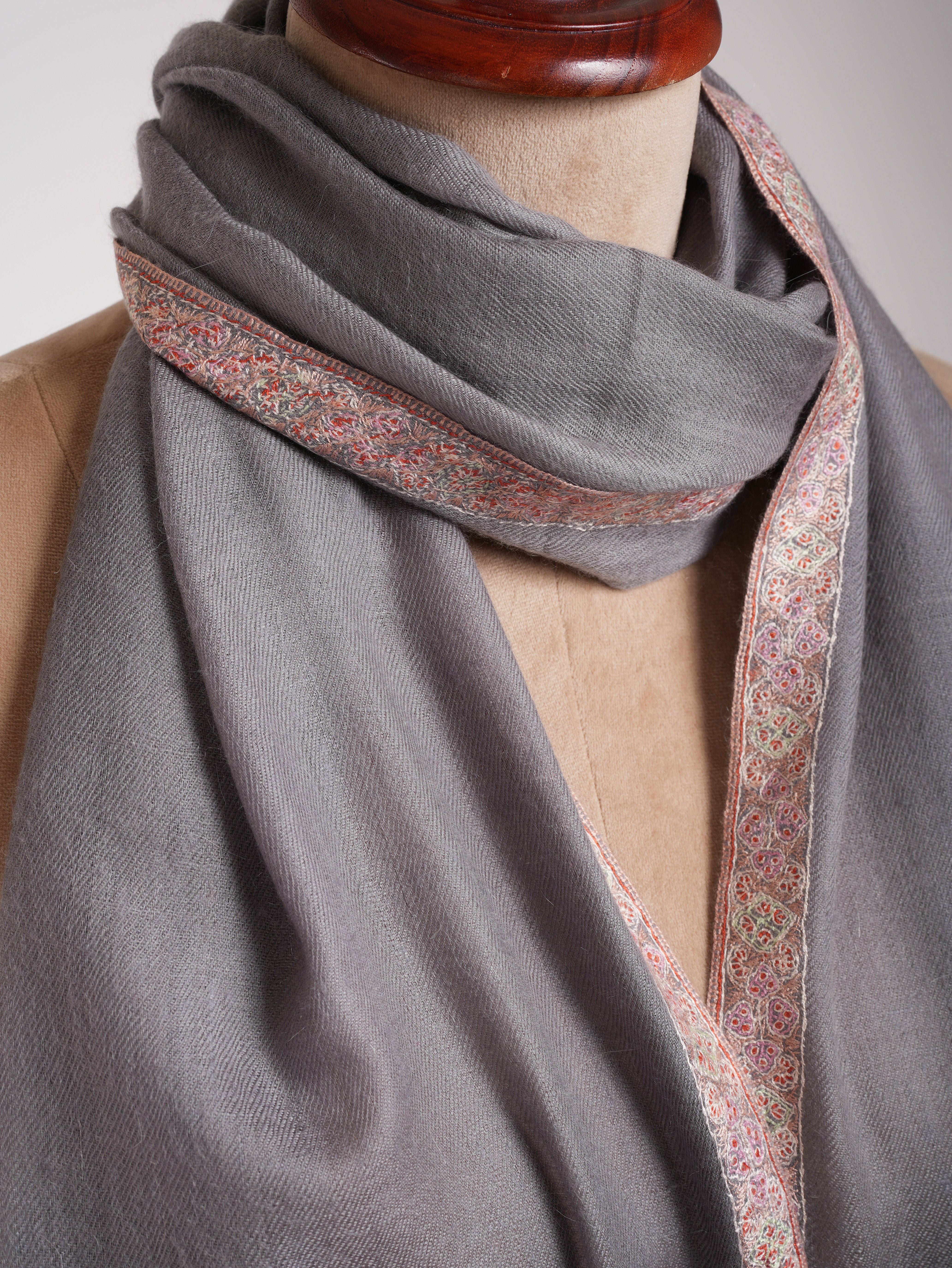 Grey Embroidered Artistic Cashmere Stole