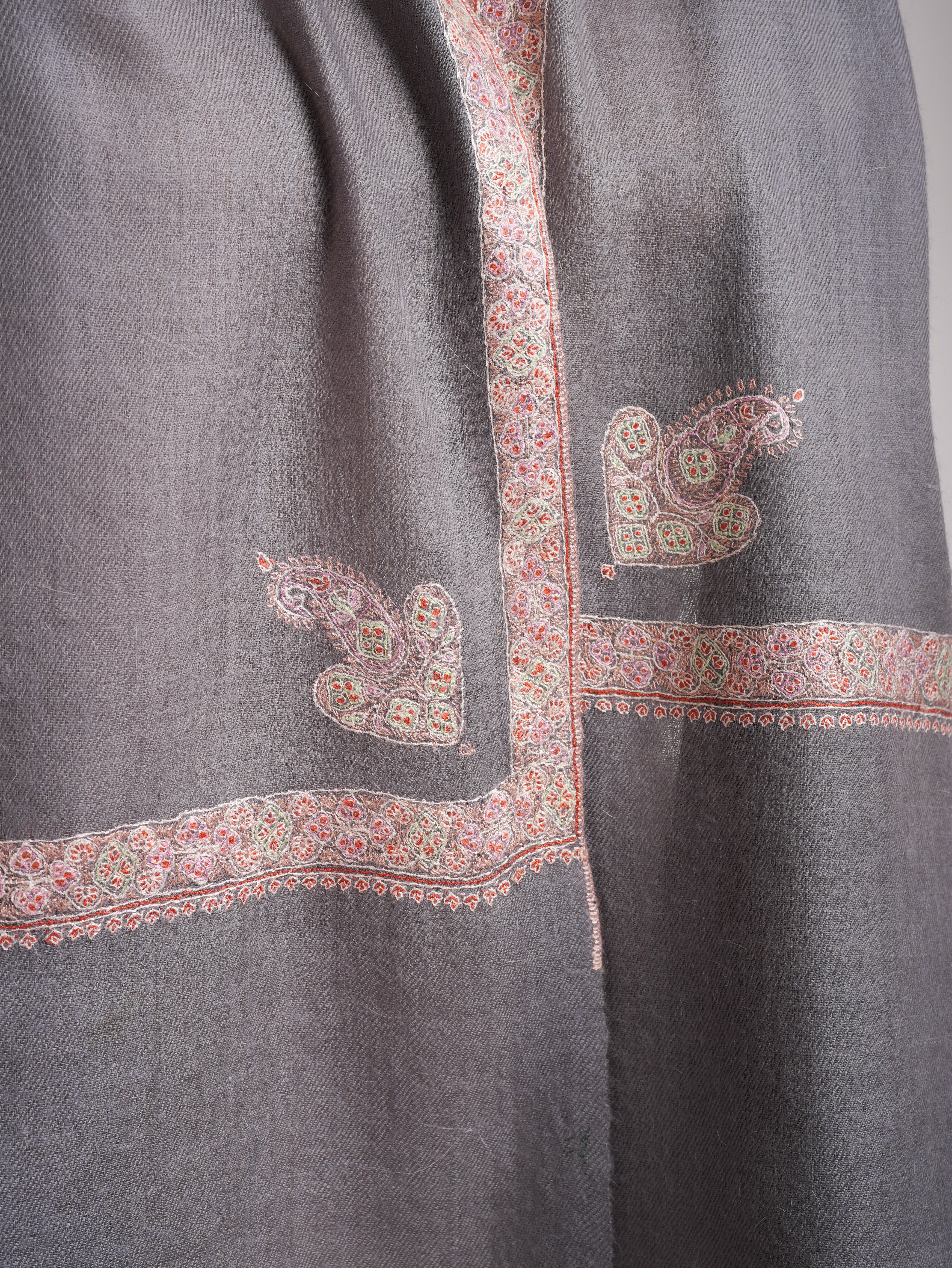 Grey Embroidered Artistic Cashmere Stole