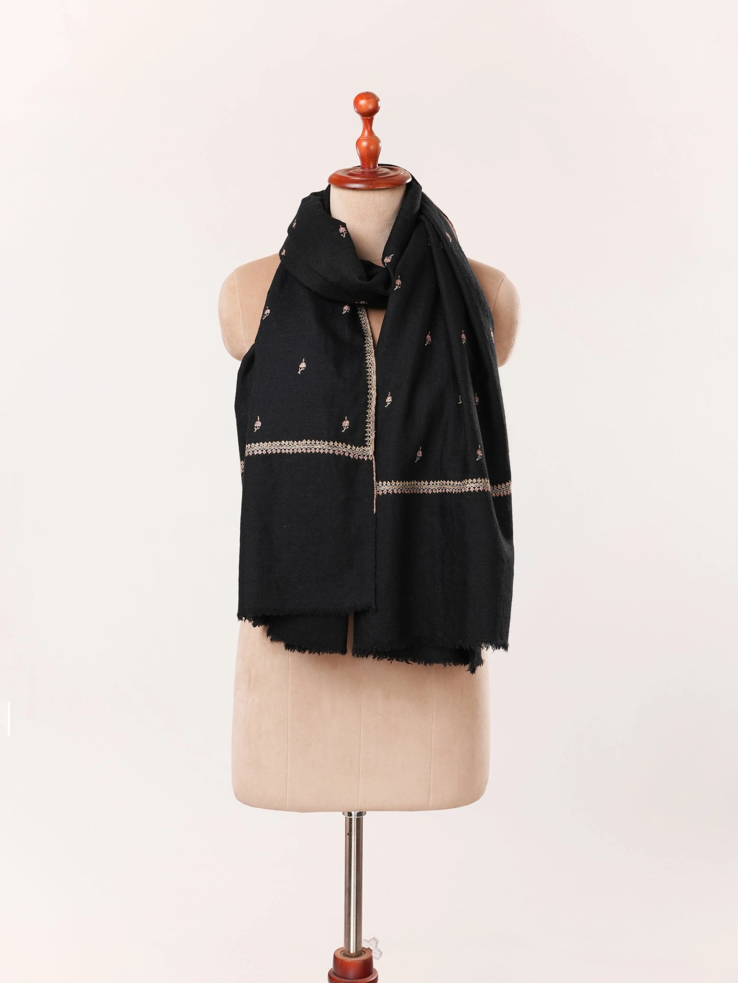 Kashmiri Black Handwoven Cashmere Scarf with Machie Buteh Sozni Embroidery Shahkaar.com