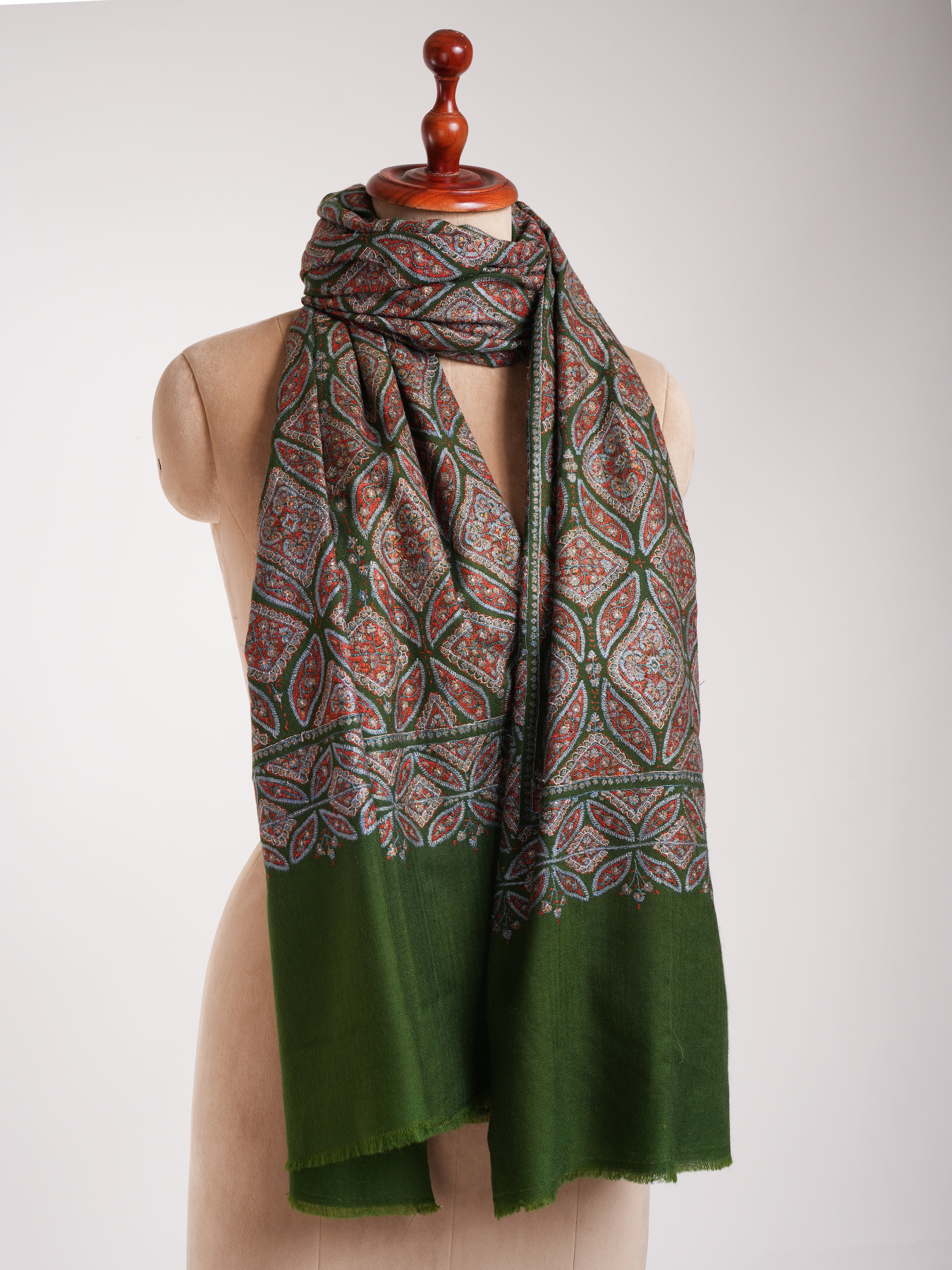 Dark Green Sozni Embroidered Pashmina Jamavar Shawl