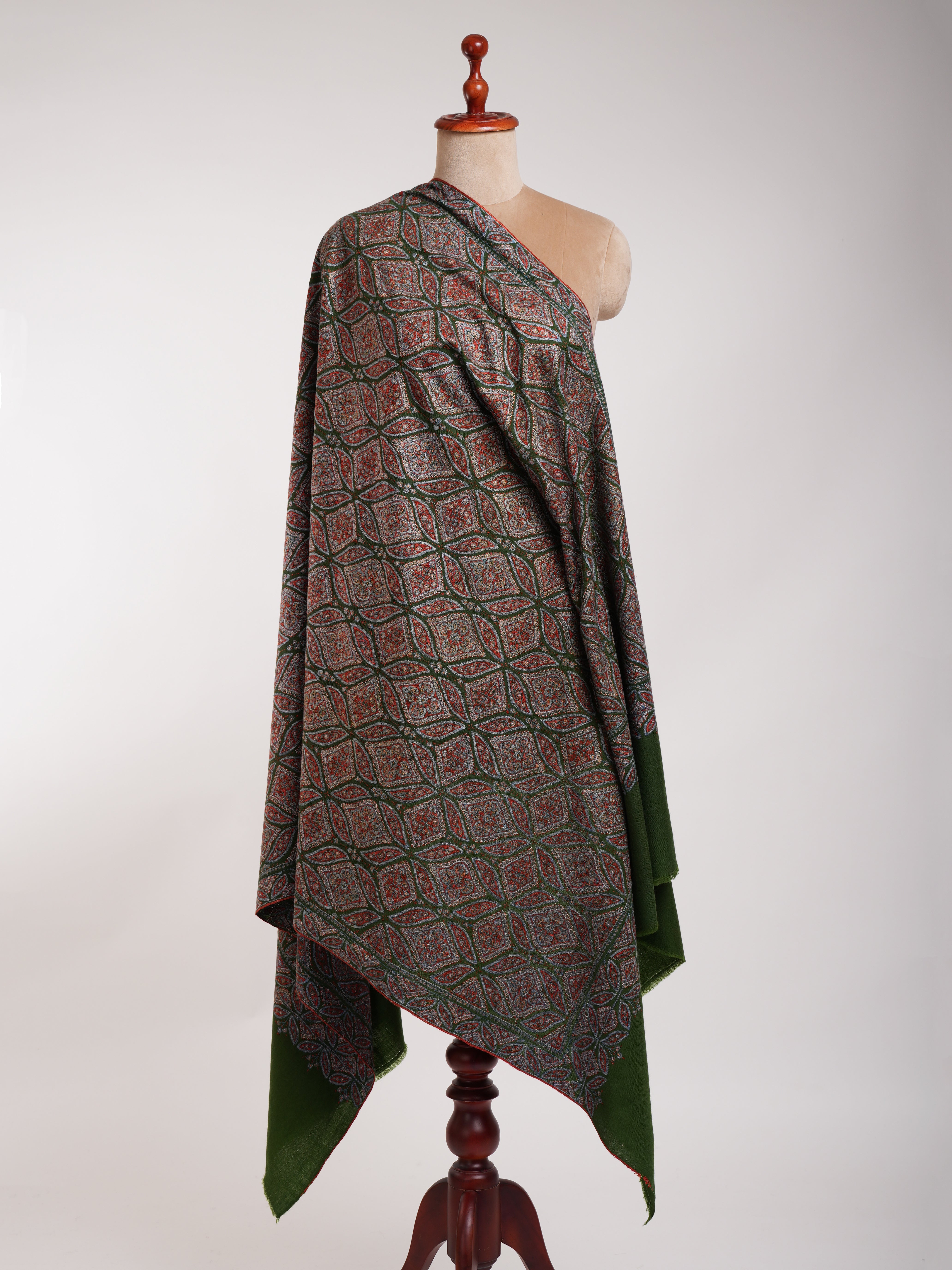 Dark Green Sozni Embroidered Pashmina Jamavar Shawl