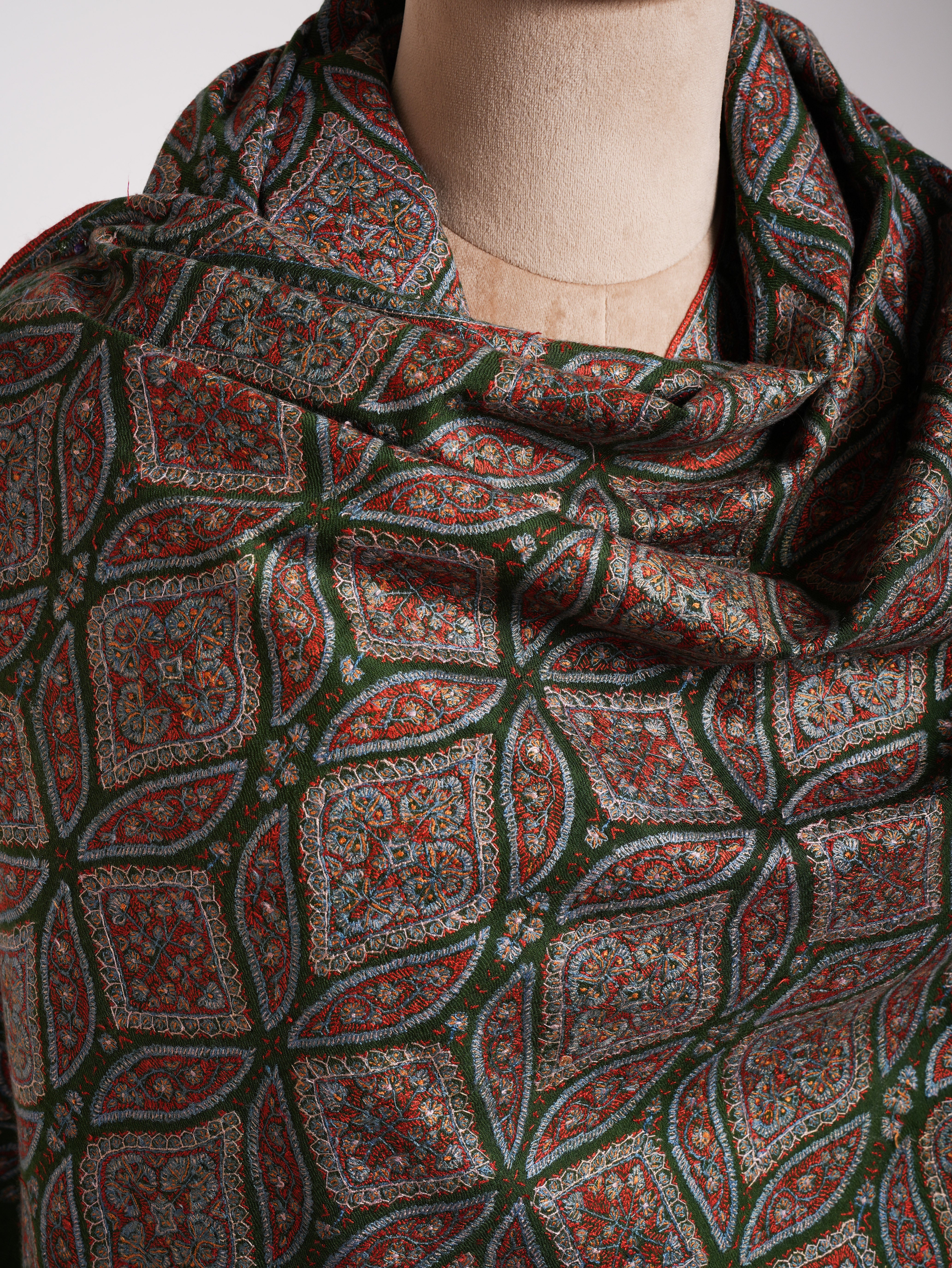 Dark Green Sozni Embroidered Pashmina Jamavar Shawl