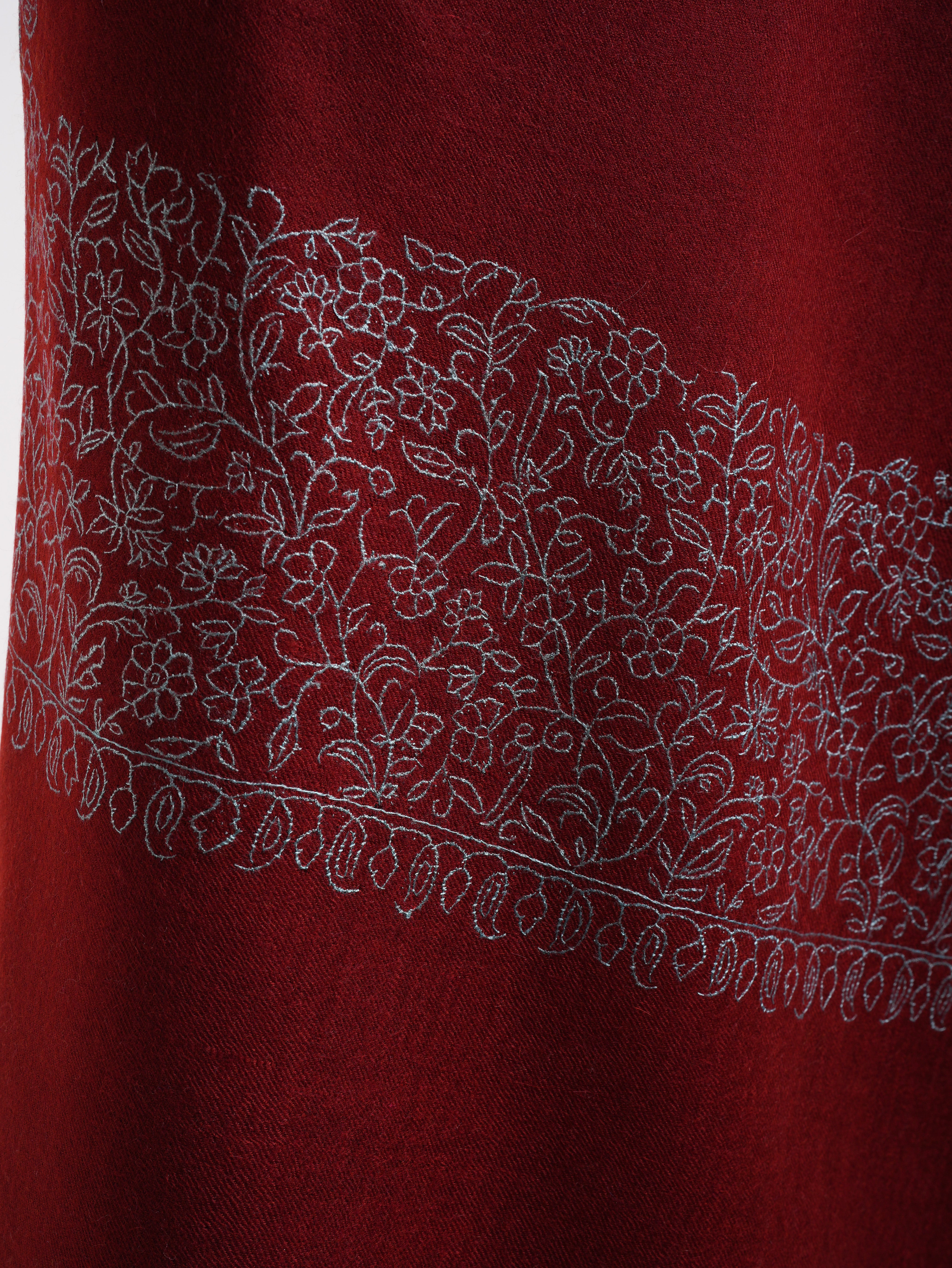 Maroon Real Cashmere Wrap with Blue Embroidery