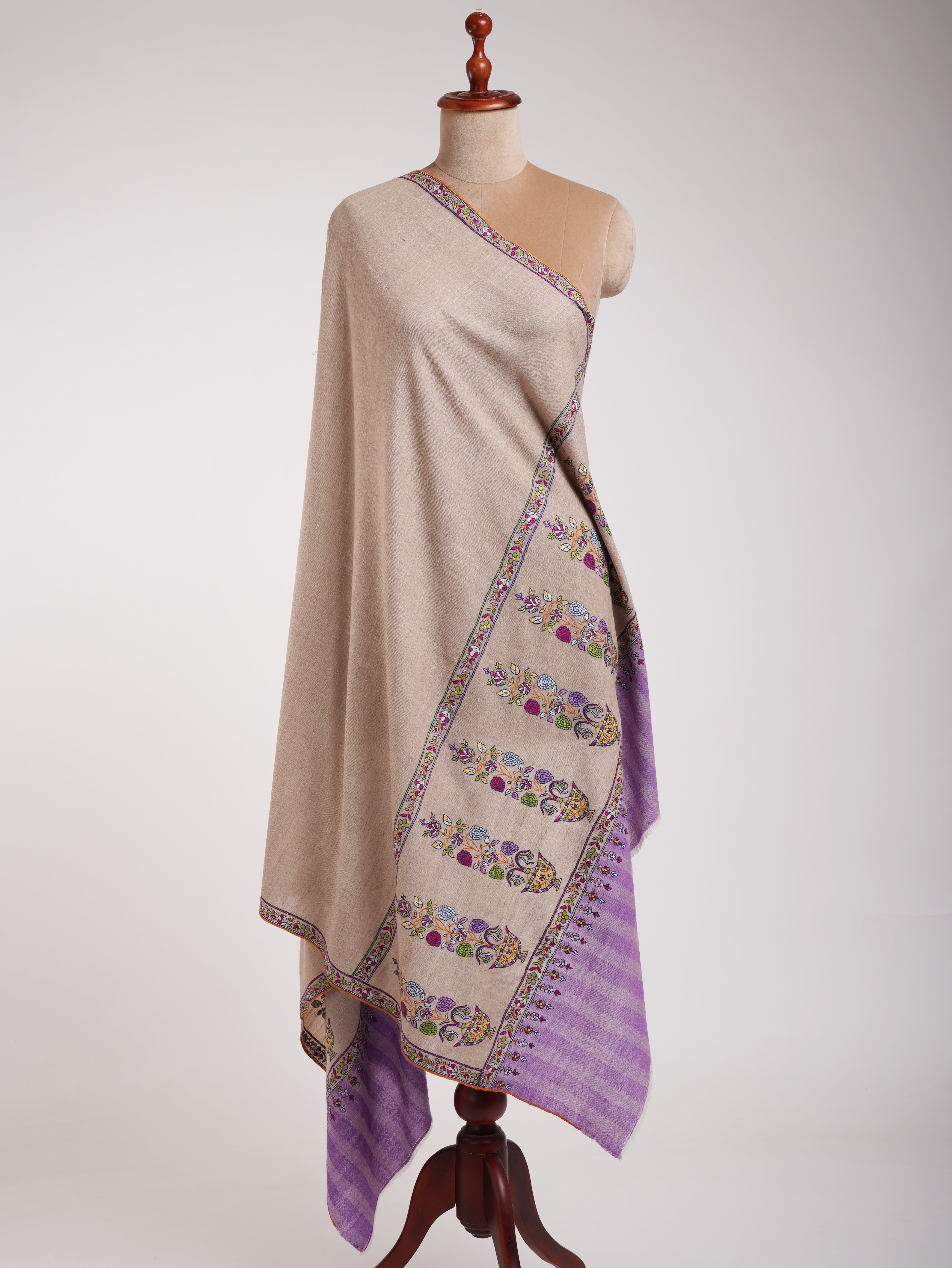 Gray and Purple Kashmiri Pashmina Shawl with Sozni Embroidery