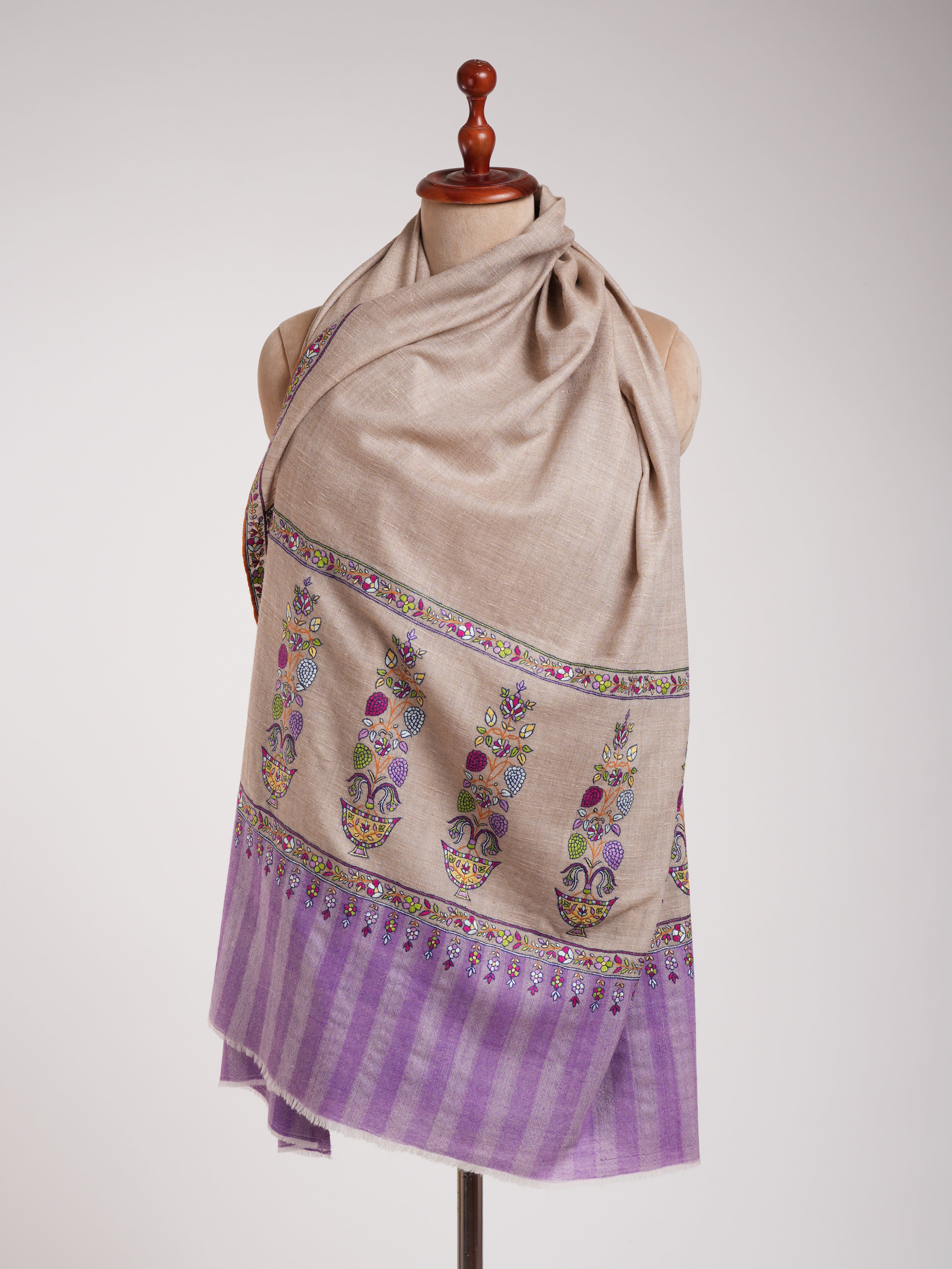 Gray and Purple Kashmiri Pashmina Shawl with Sozni Embroidery