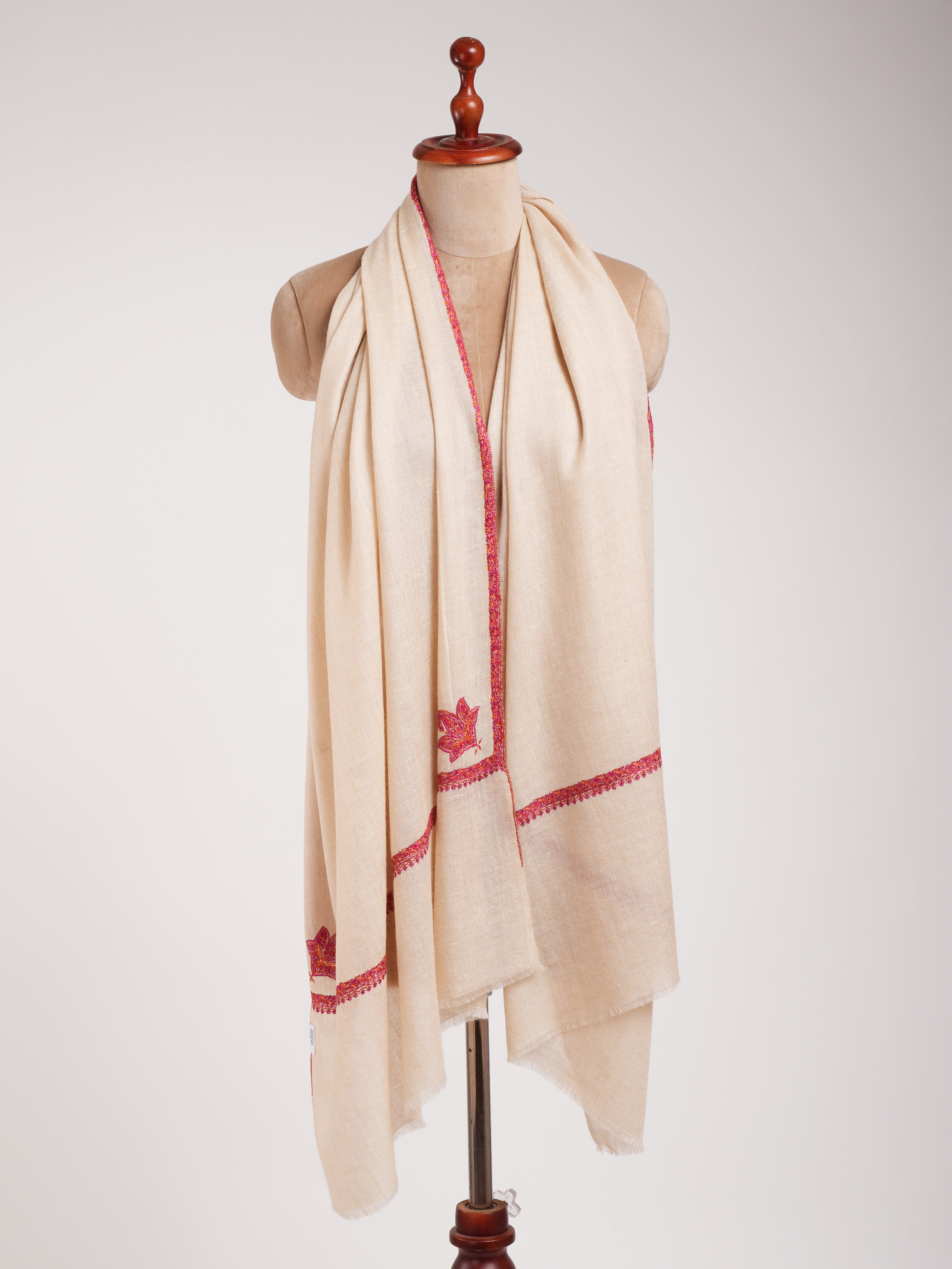 Ivory Cashmere Kashmiri Scarf with Sozni Embroidery