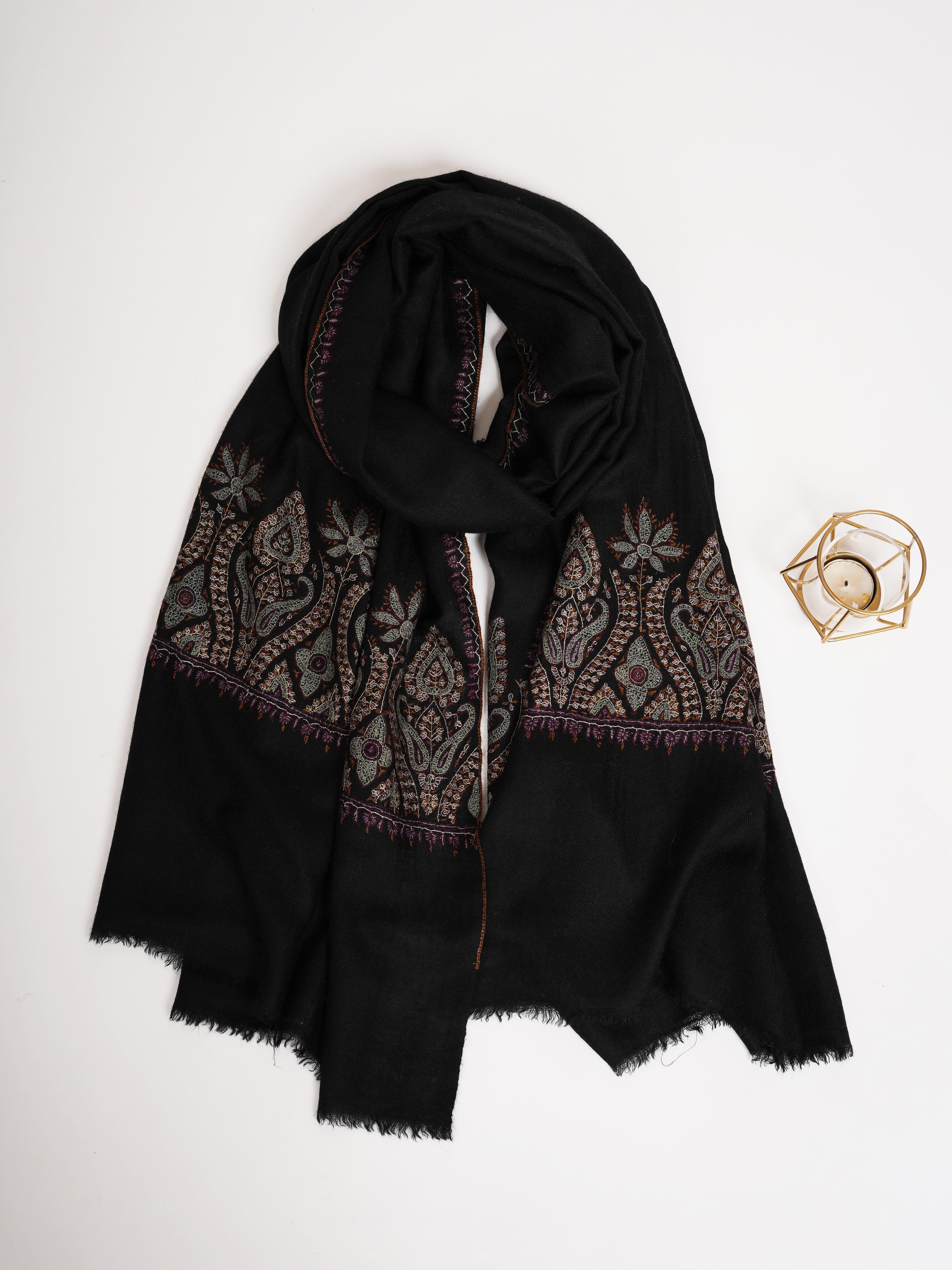 Black Indian Cashmere Scarf with Palla Embroidery