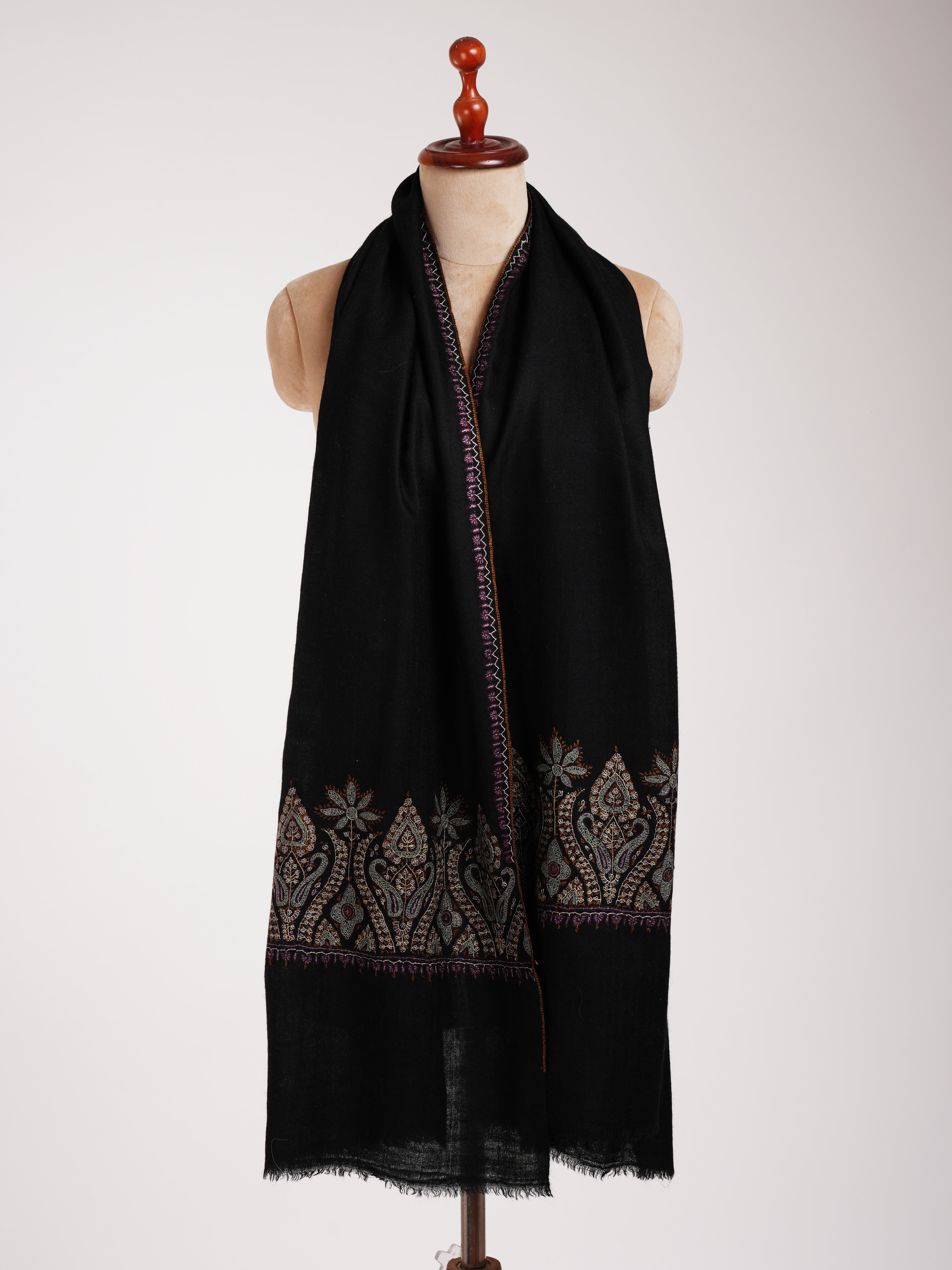 Black Indian Cashmere Scarf with Palla Embroidery