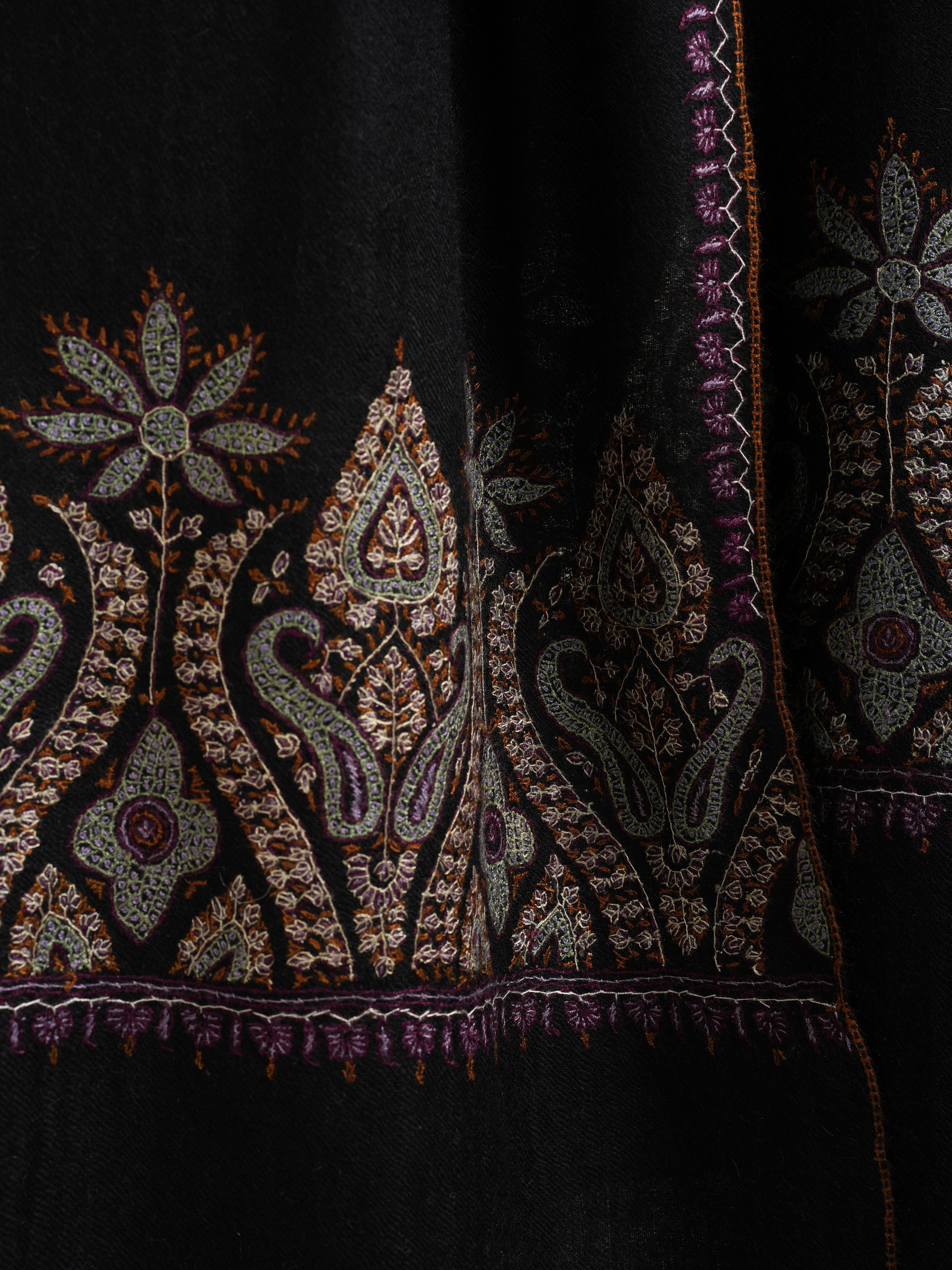 Black Indian Cashmere Scarf with Palla Embroidery