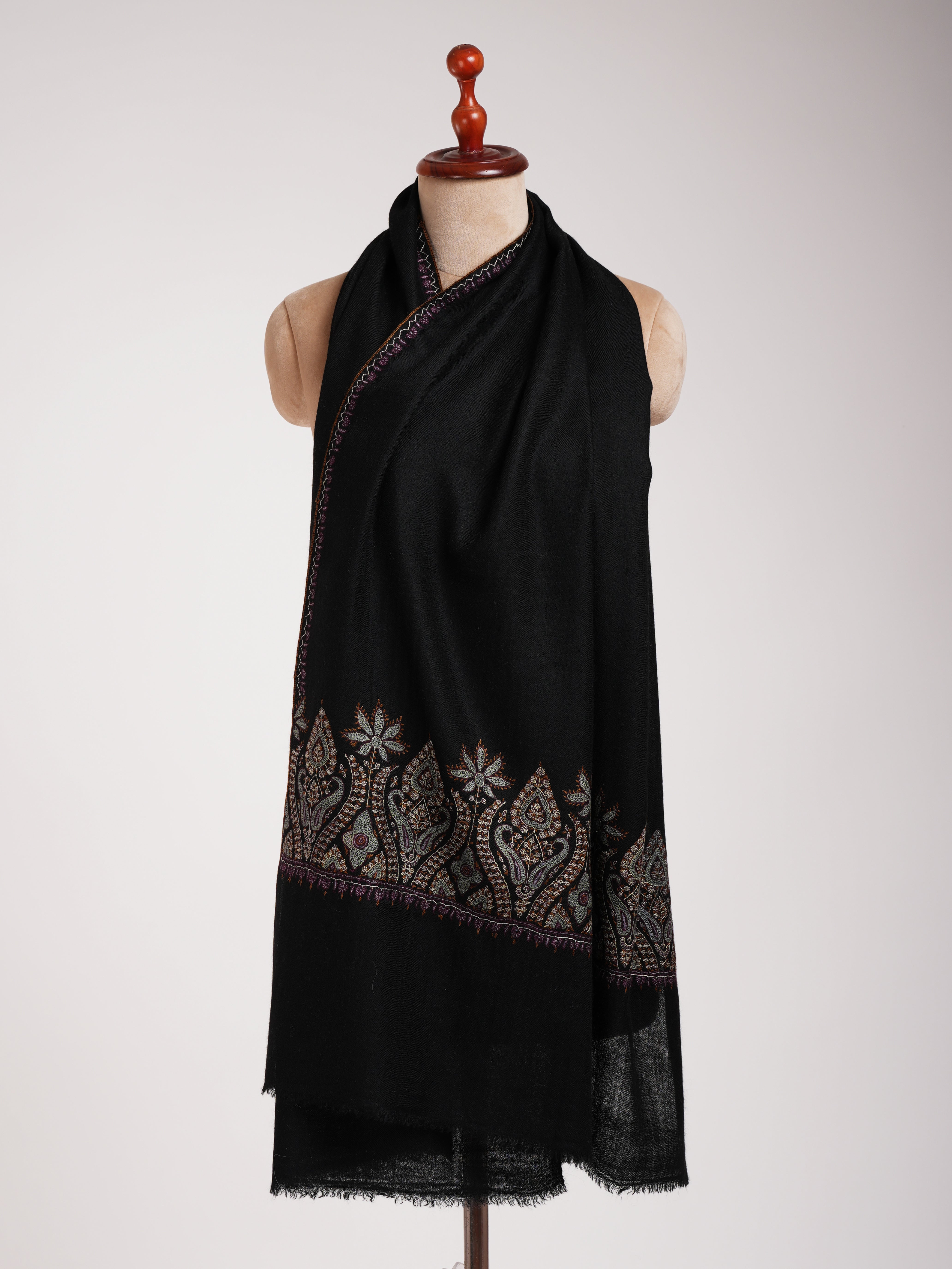 Black Indian Cashmere Scarf with Palla Embroidery