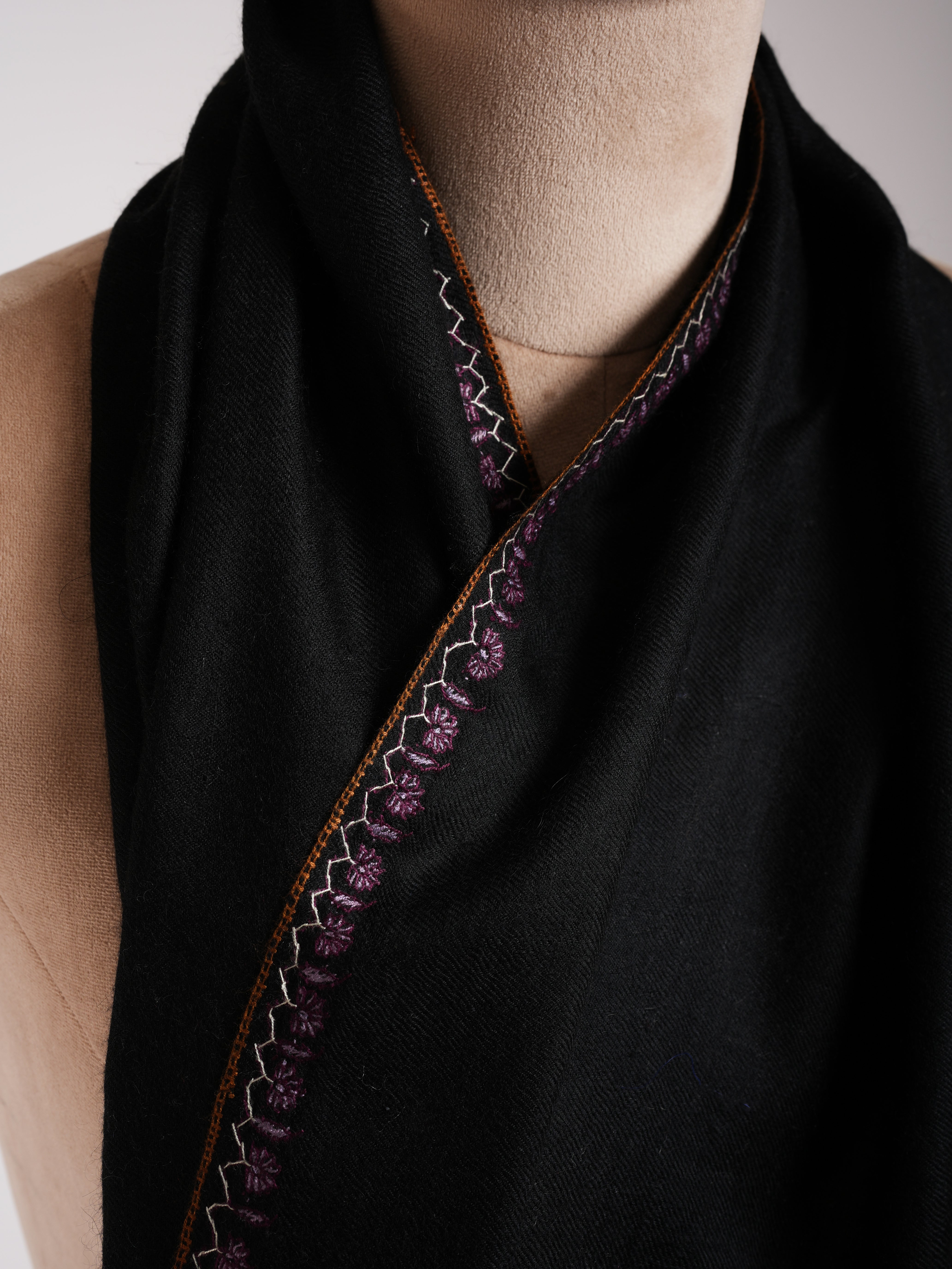 Black Indian Cashmere Scarf with Palla Embroidery