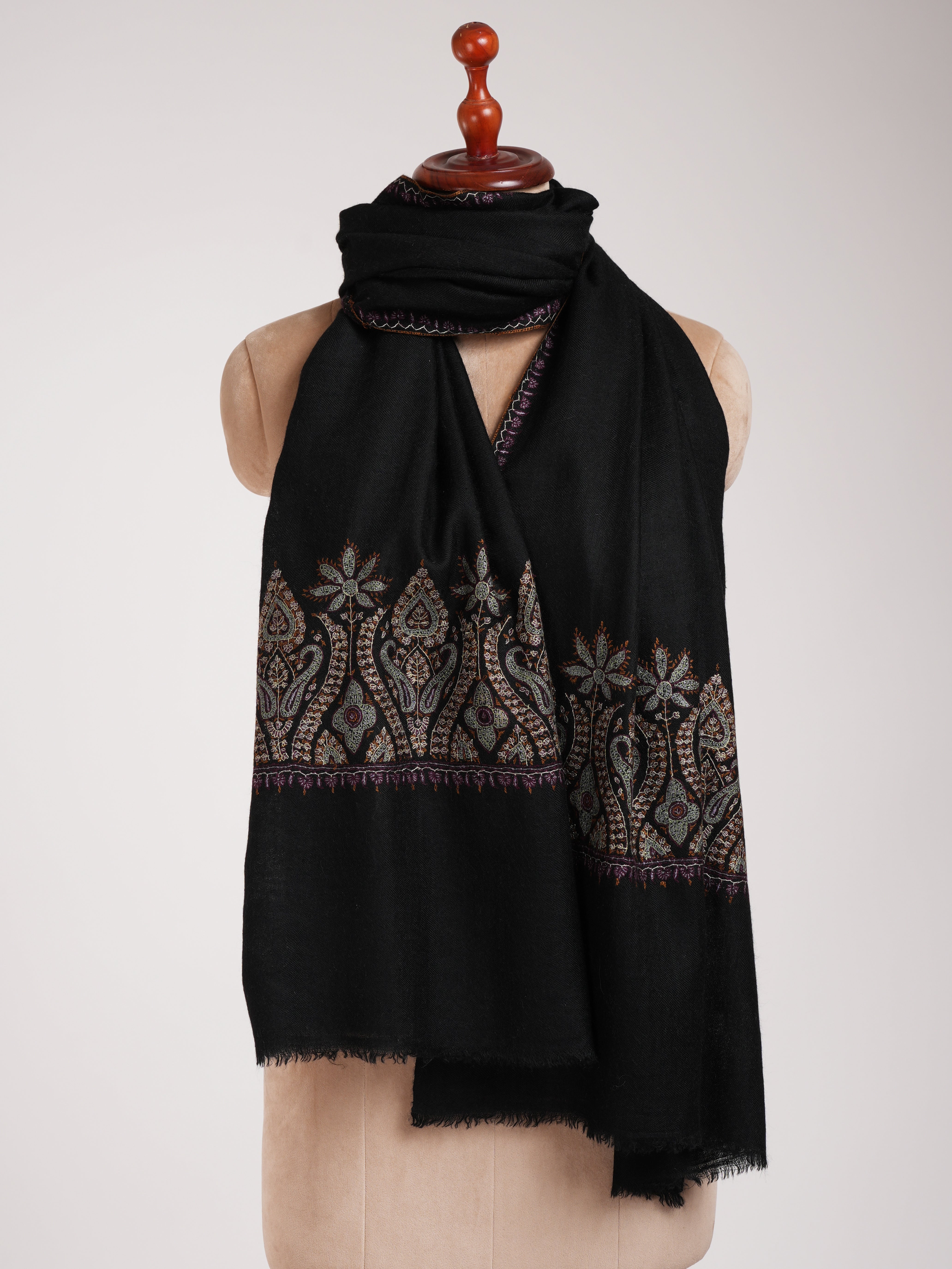 Black Indian Cashmere Scarf with Palla Embroidery