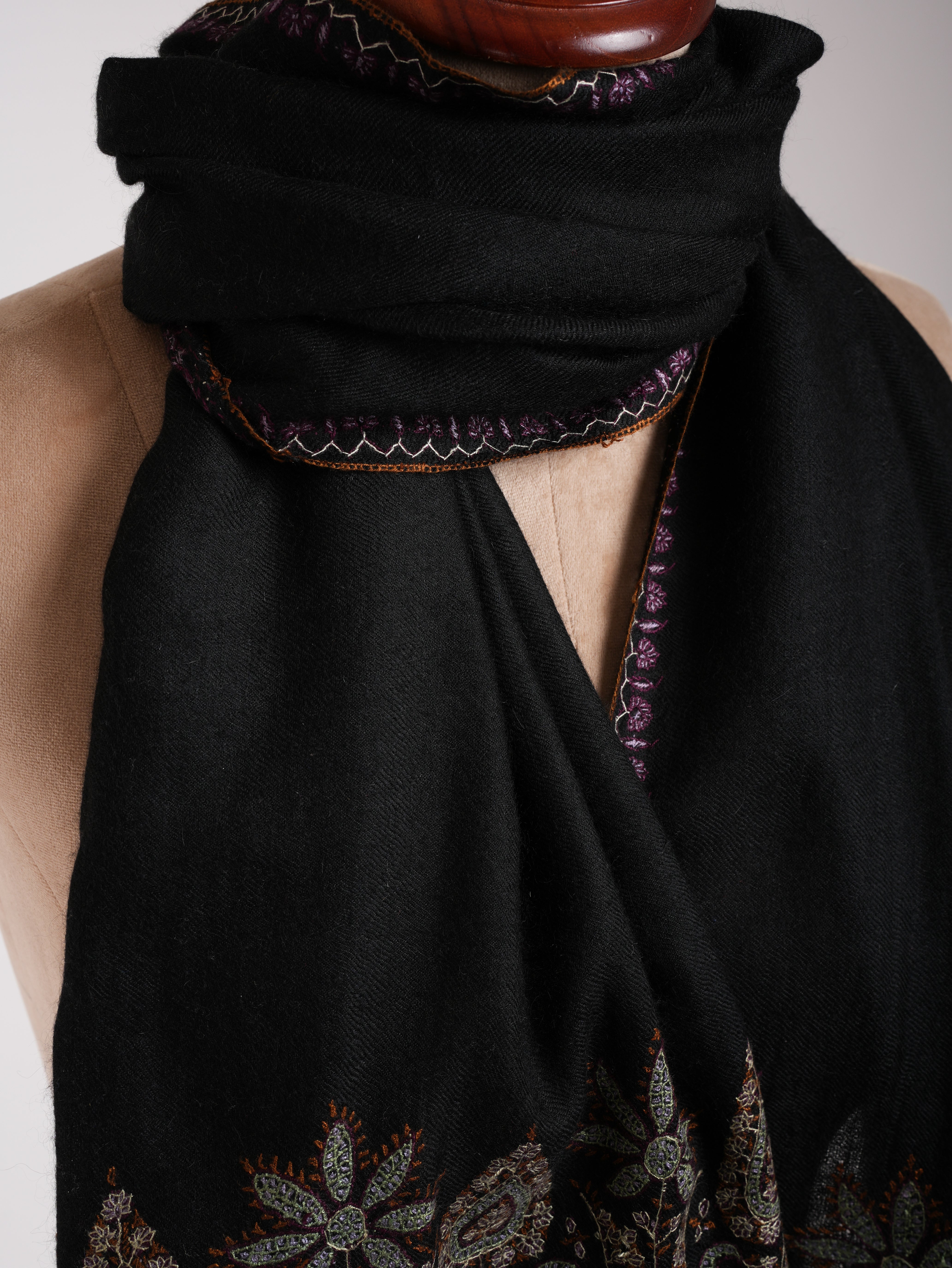 Black Indian Cashmere Scarf with Palla Embroidery