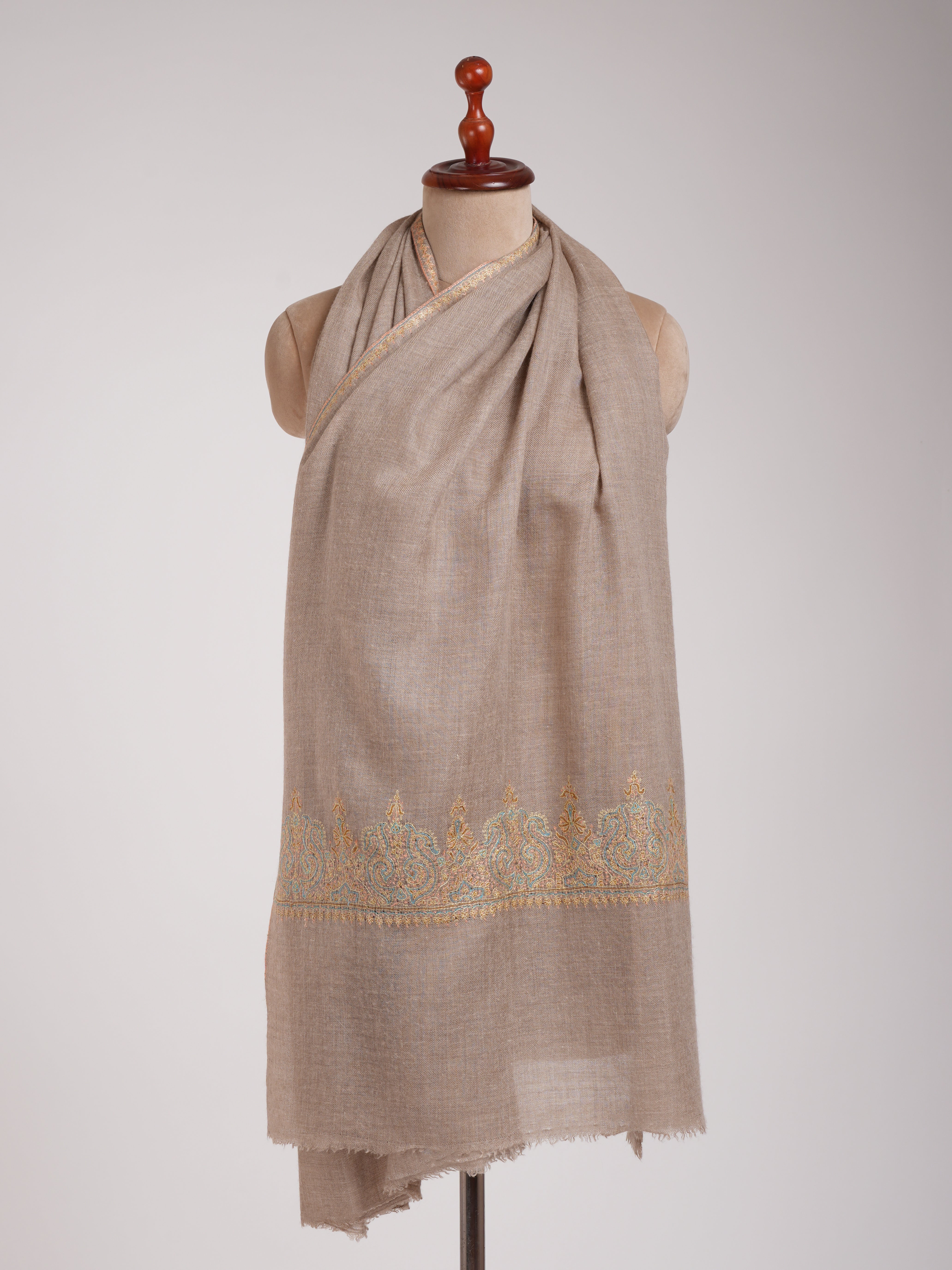 Natural Beige Embroidered Featherweight Cashmere Scarf