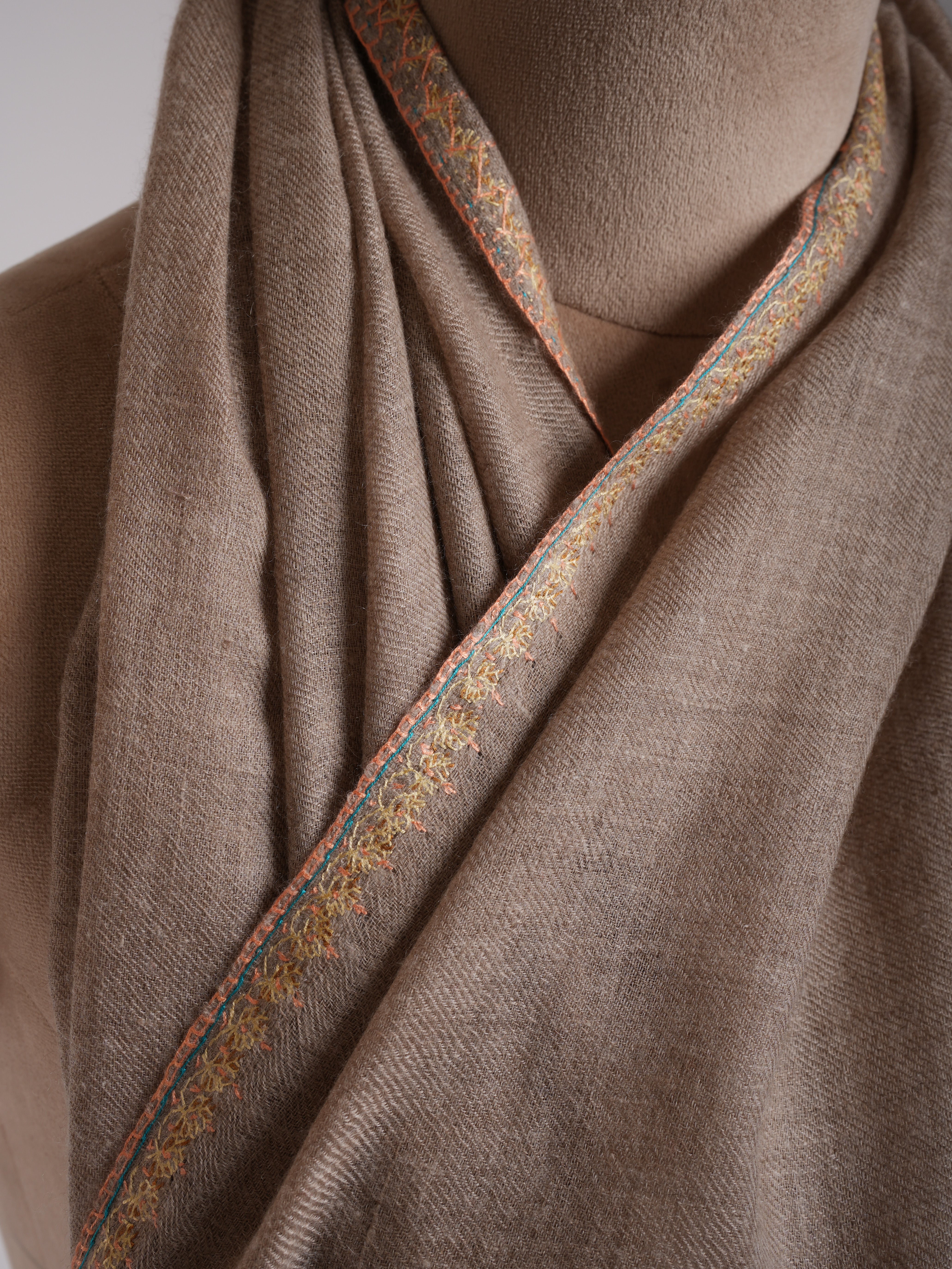 Natural Beige Embroidered Featherweight Cashmere Scarf