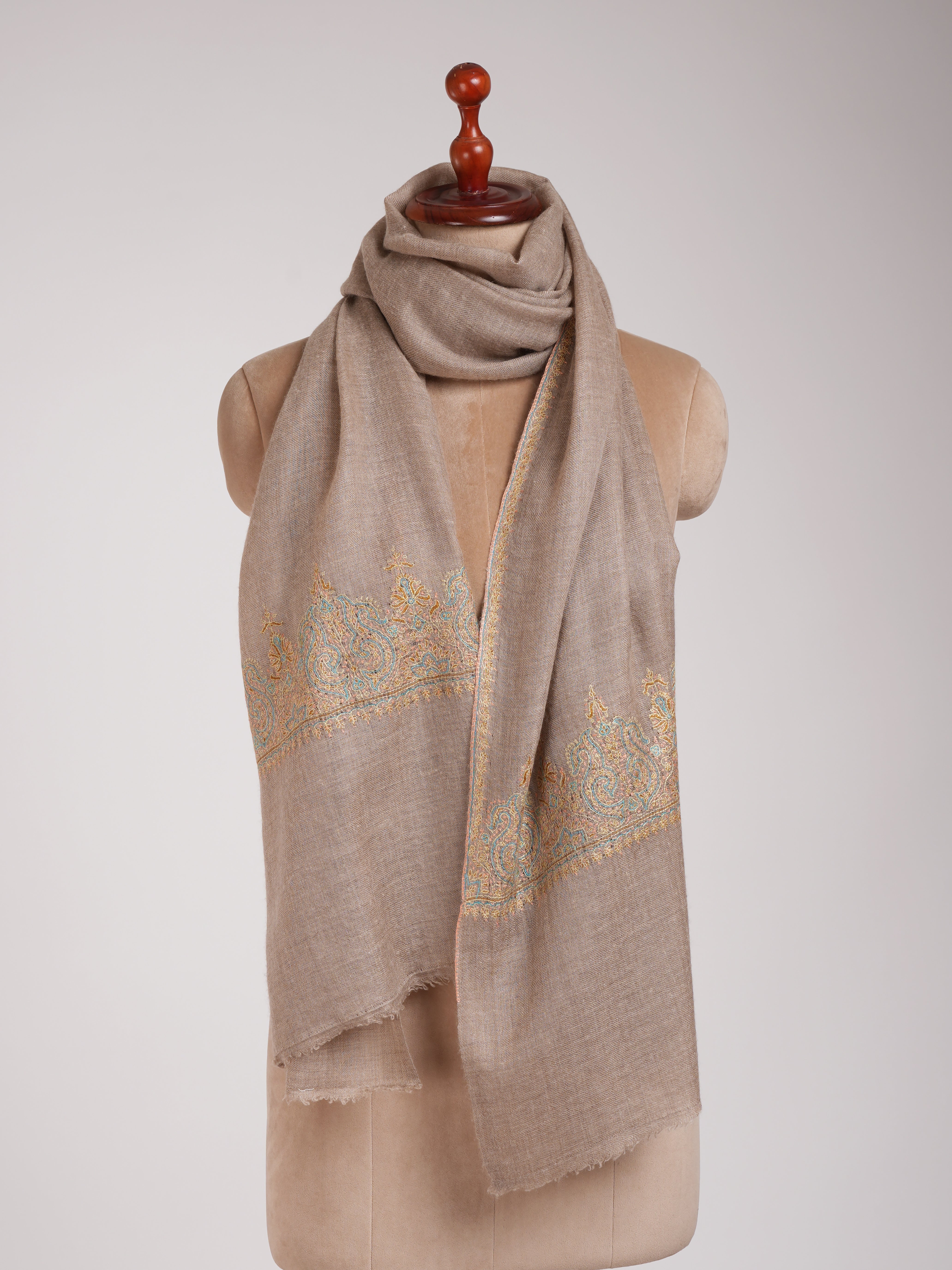 Natural Beige Embroidered Featherweight Cashmere Scarf