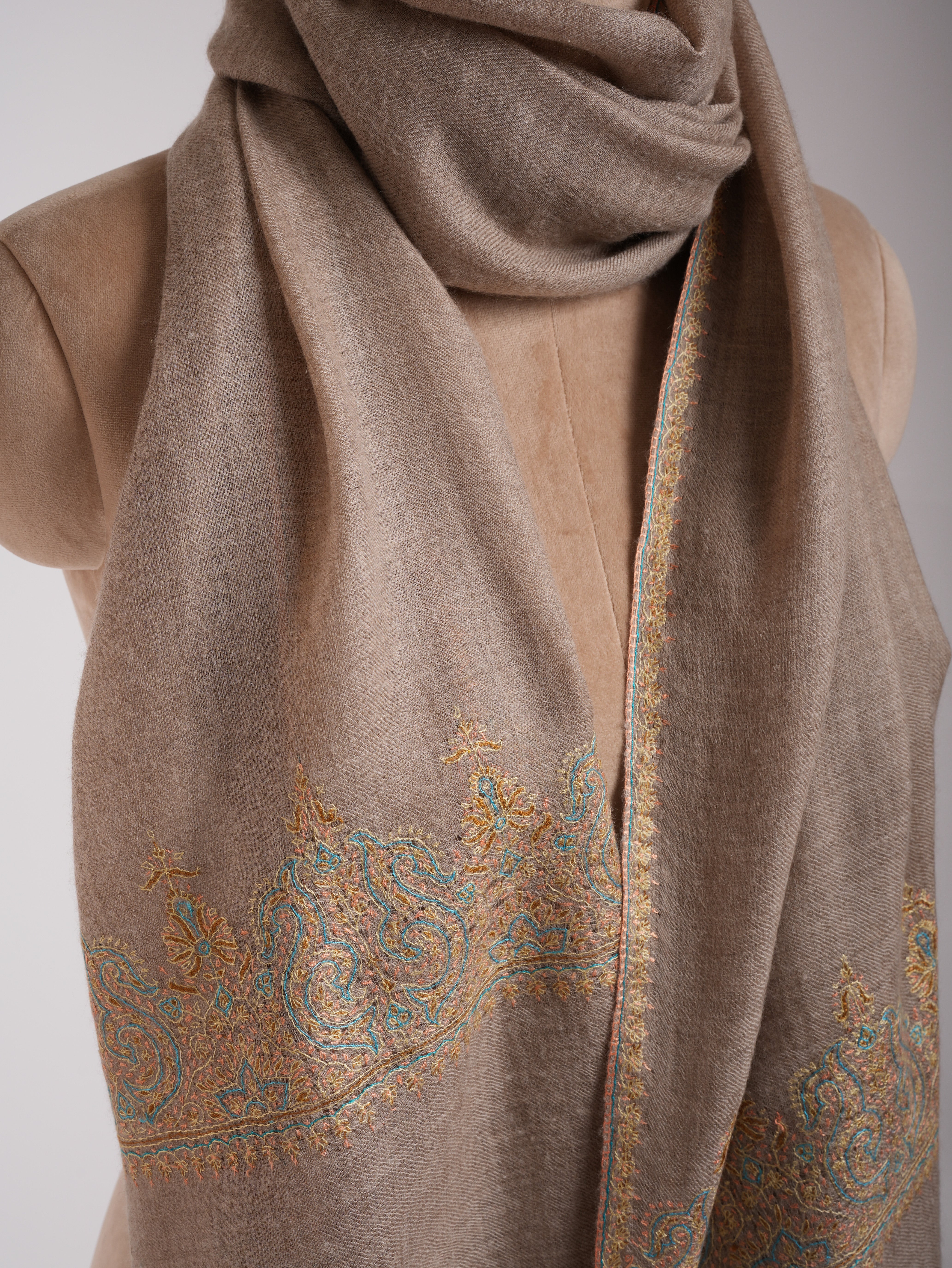 Natural Beige Embroidered Featherweight Cashmere Scarf