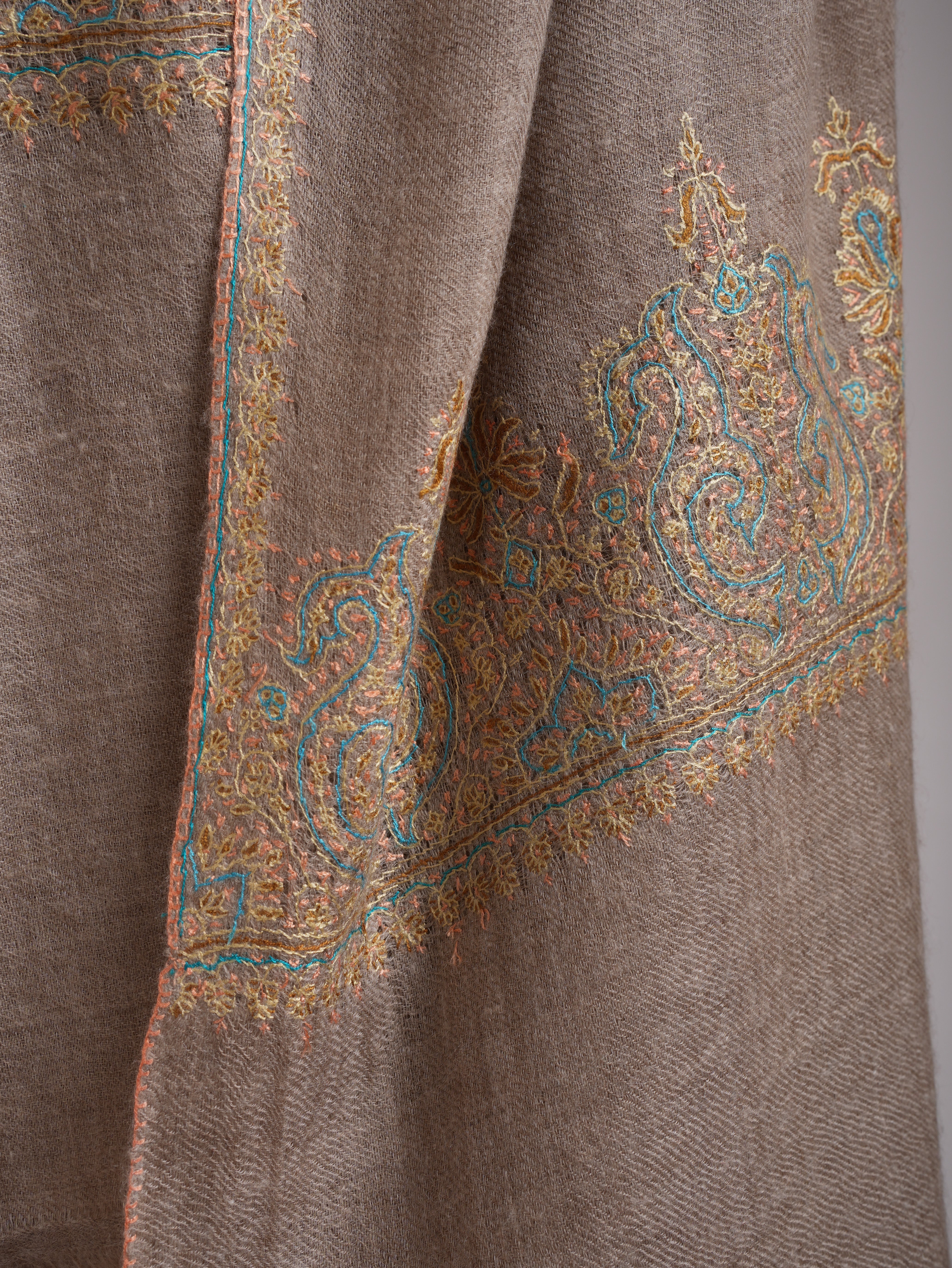 Natural Beige Embroidered Featherweight Cashmere Scarf