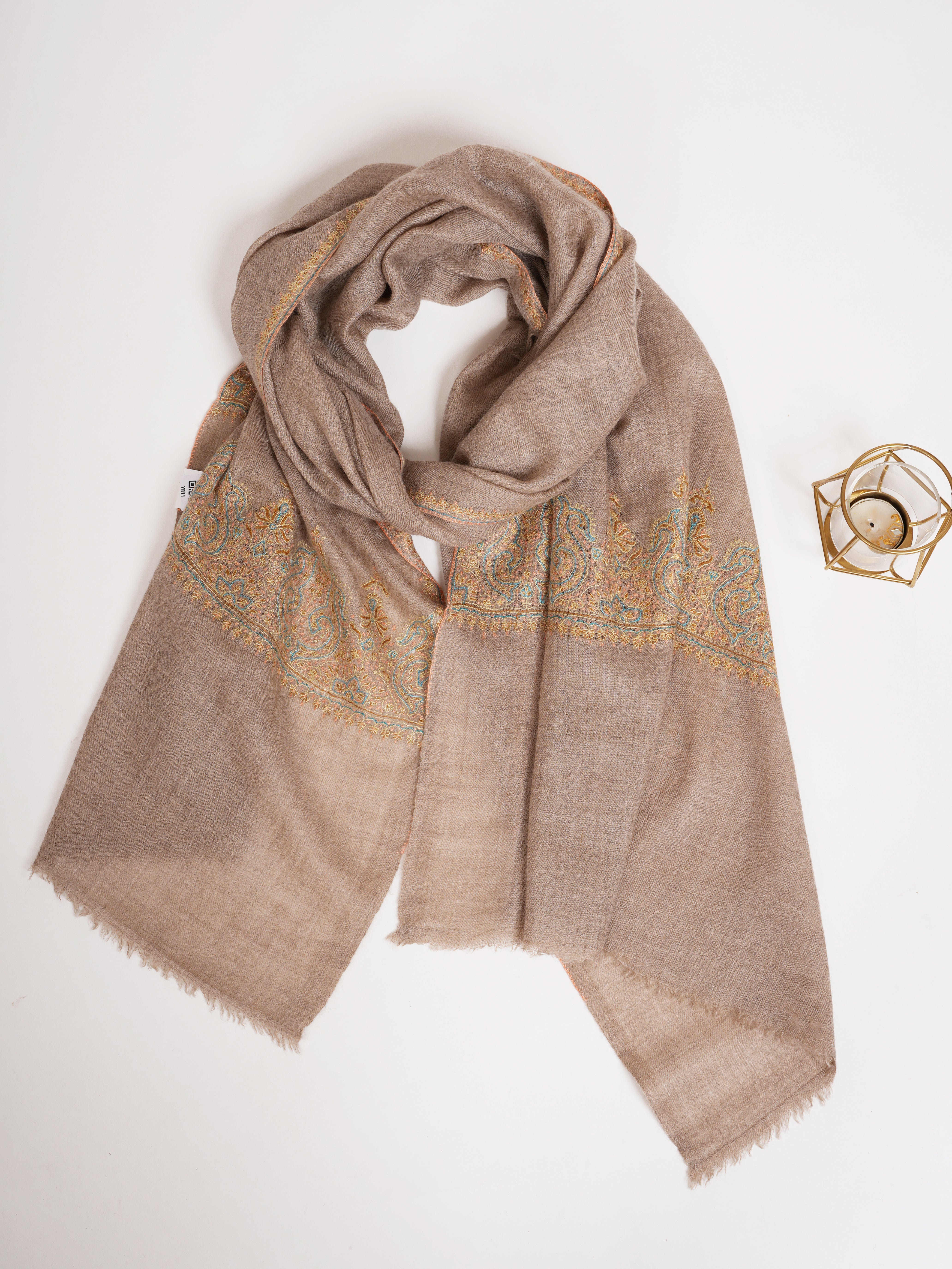 Natural Beige Embroidered Featherweight Cashmere Scarf