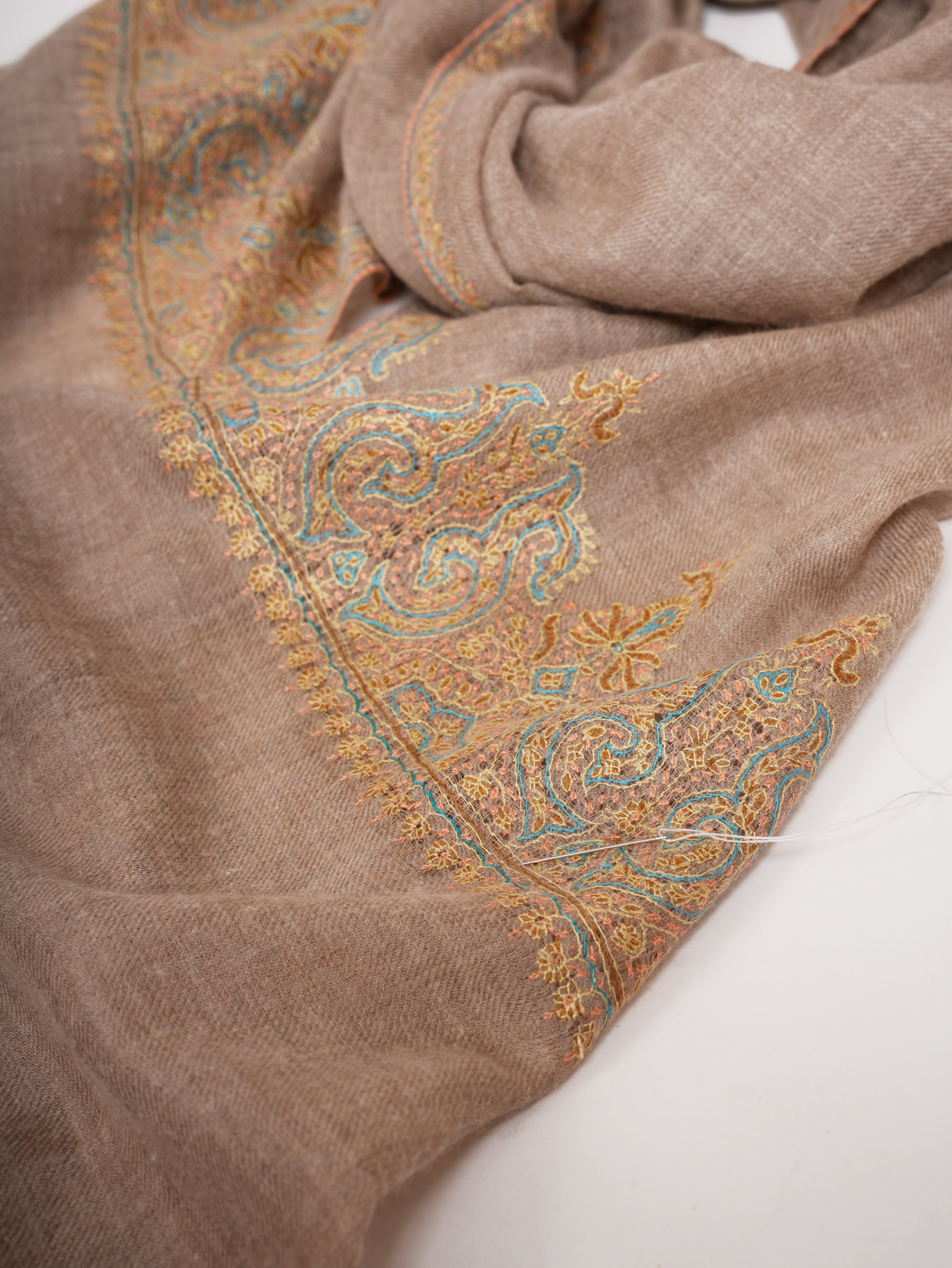 Natural Beige Embroidered Featherweight Cashmere Scarf