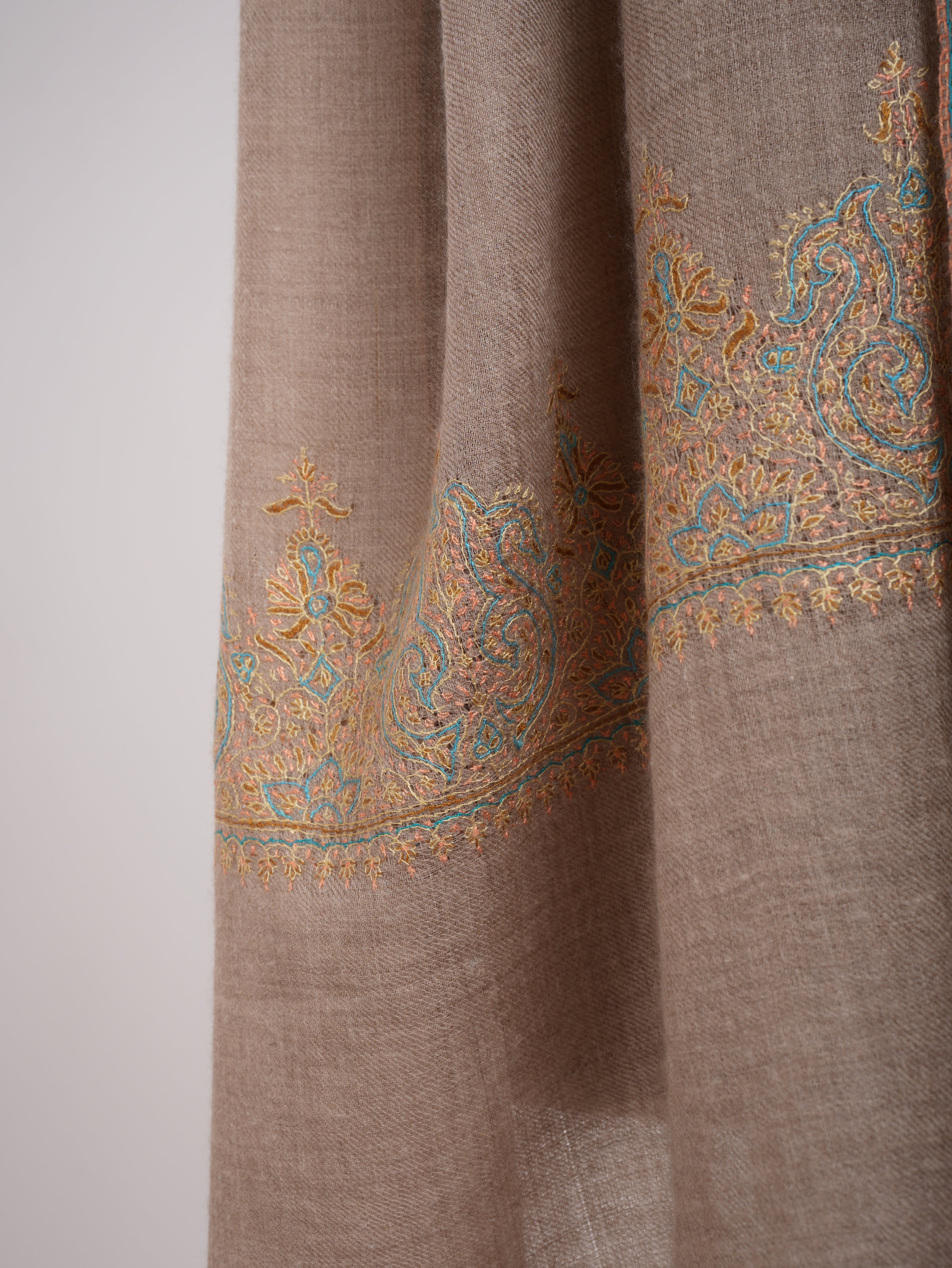 Natural Beige Embroidered Featherweight Cashmere Scarf