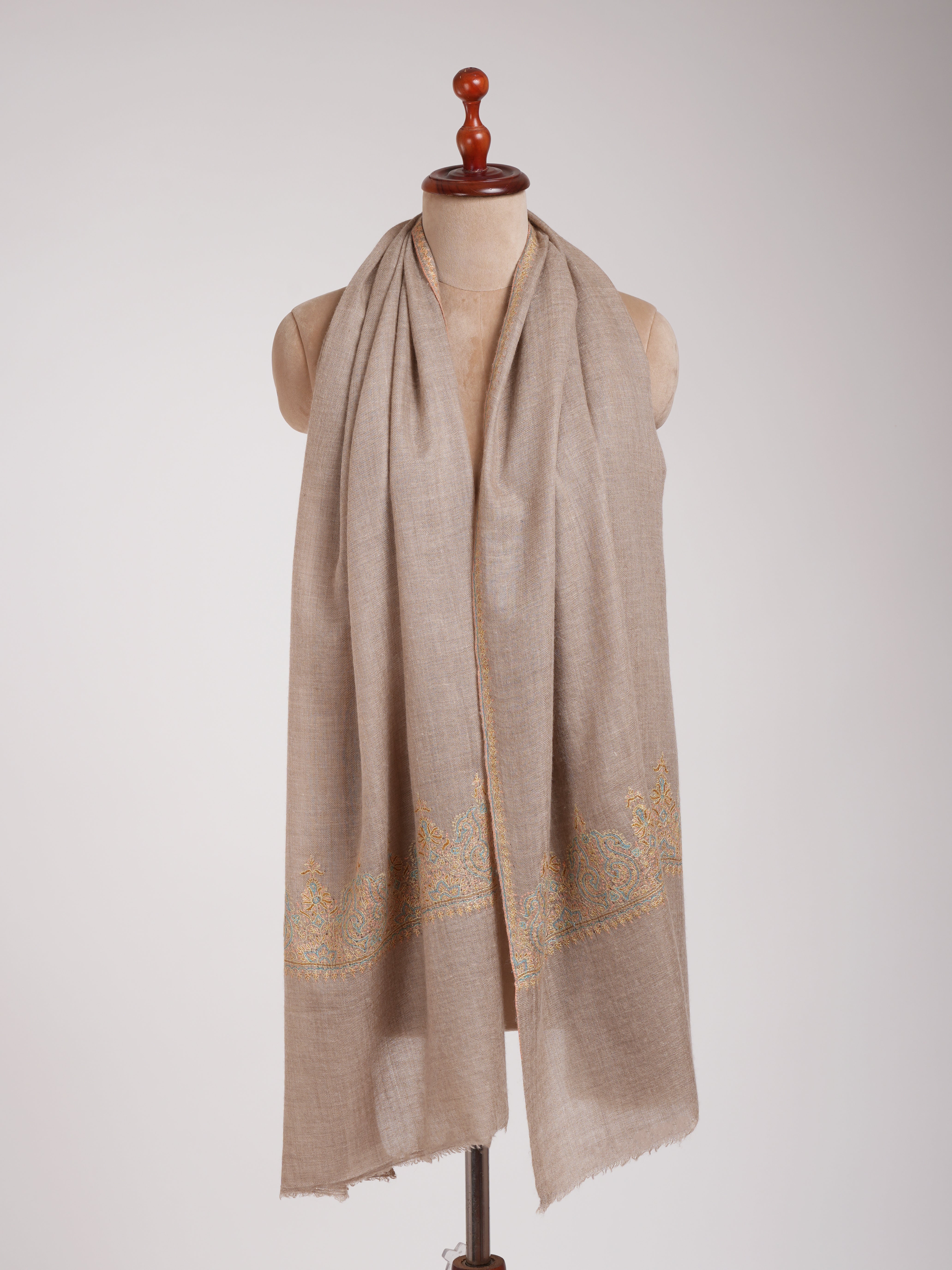 Natural Beige Embroidered Featherweight Cashmere Scarf