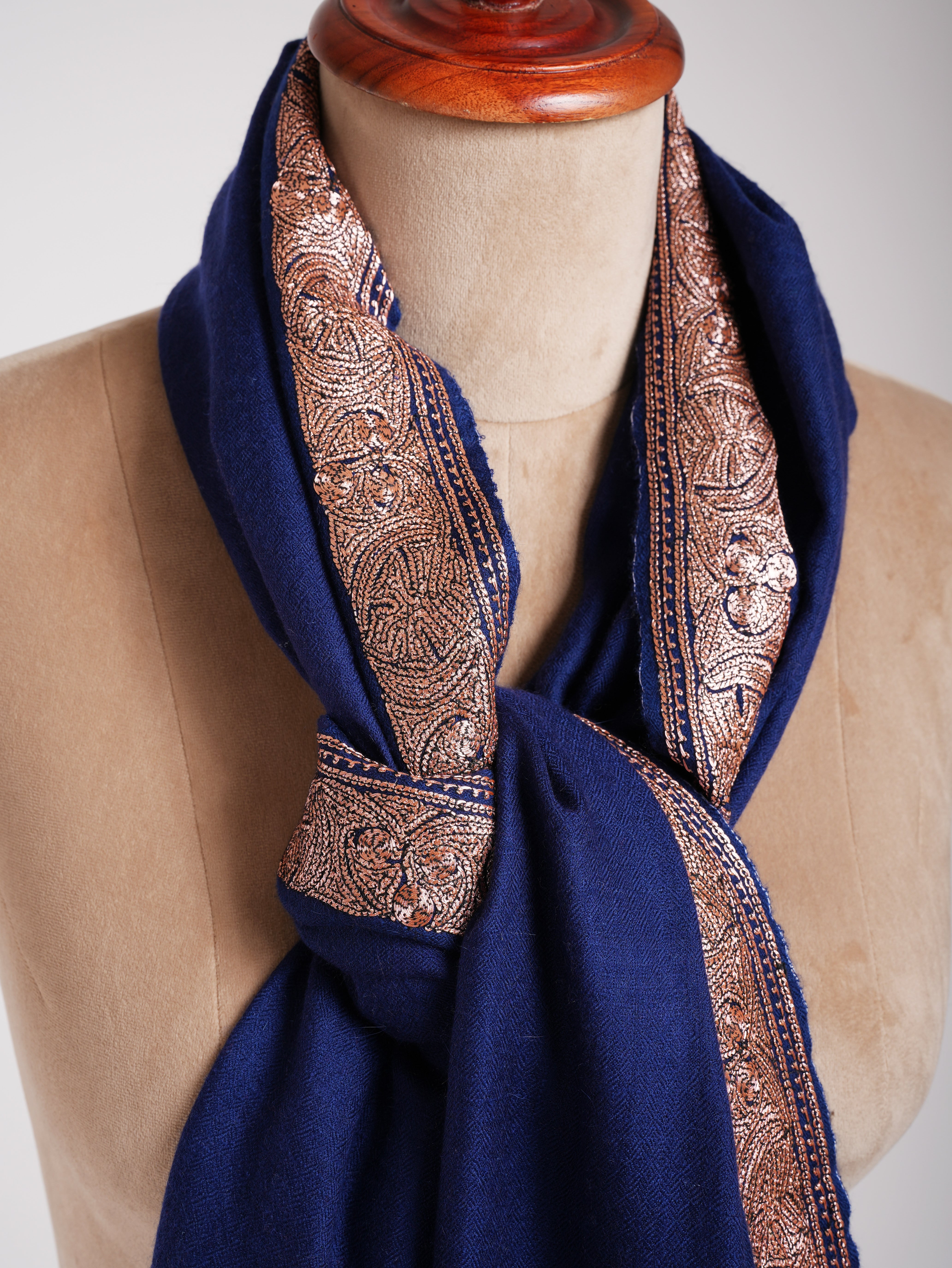 Navy Blue Pashmina Shawl Copper Tilla Work