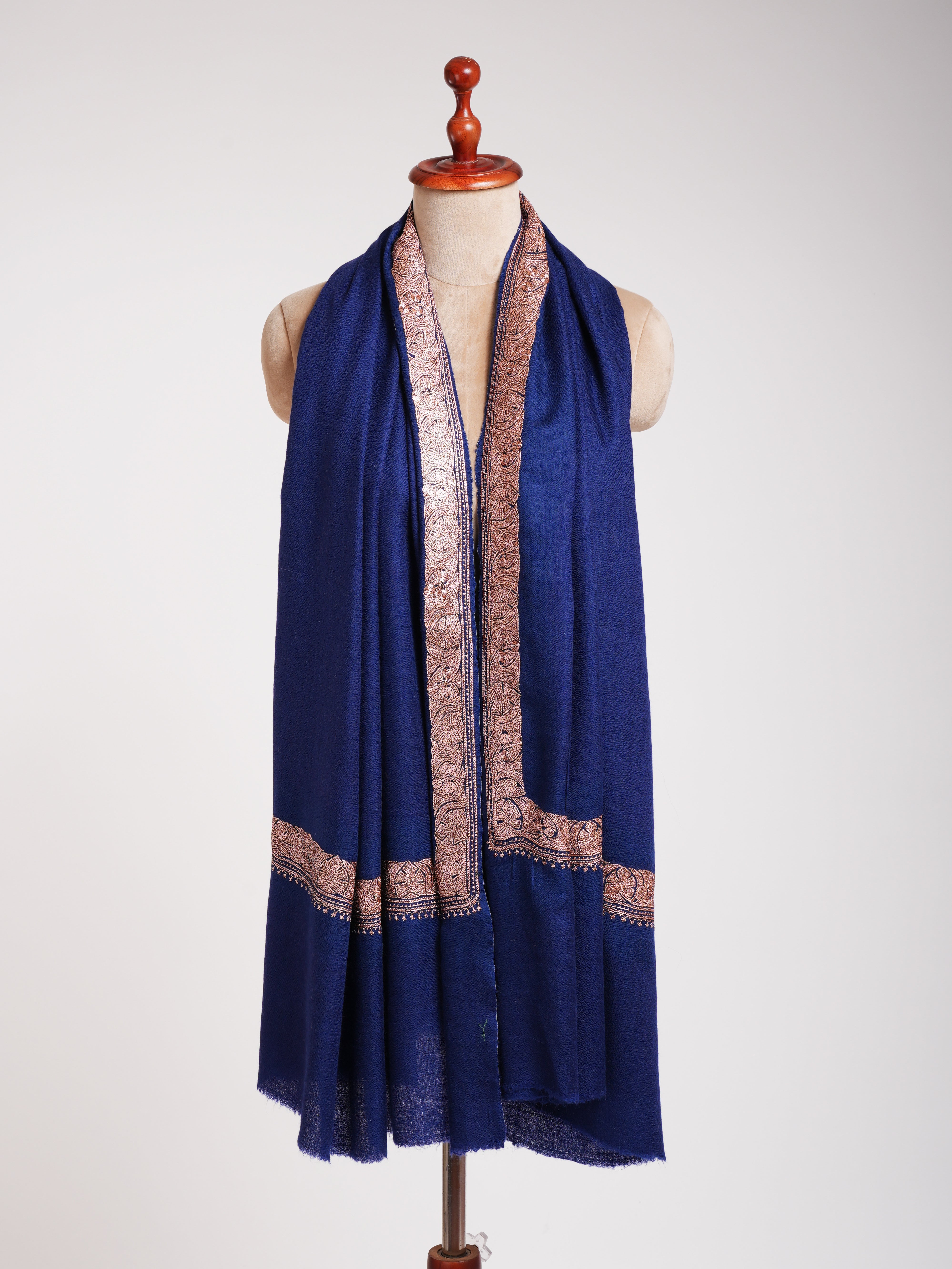 Navy Blue Pashmina Shawl Copper Tilla Work