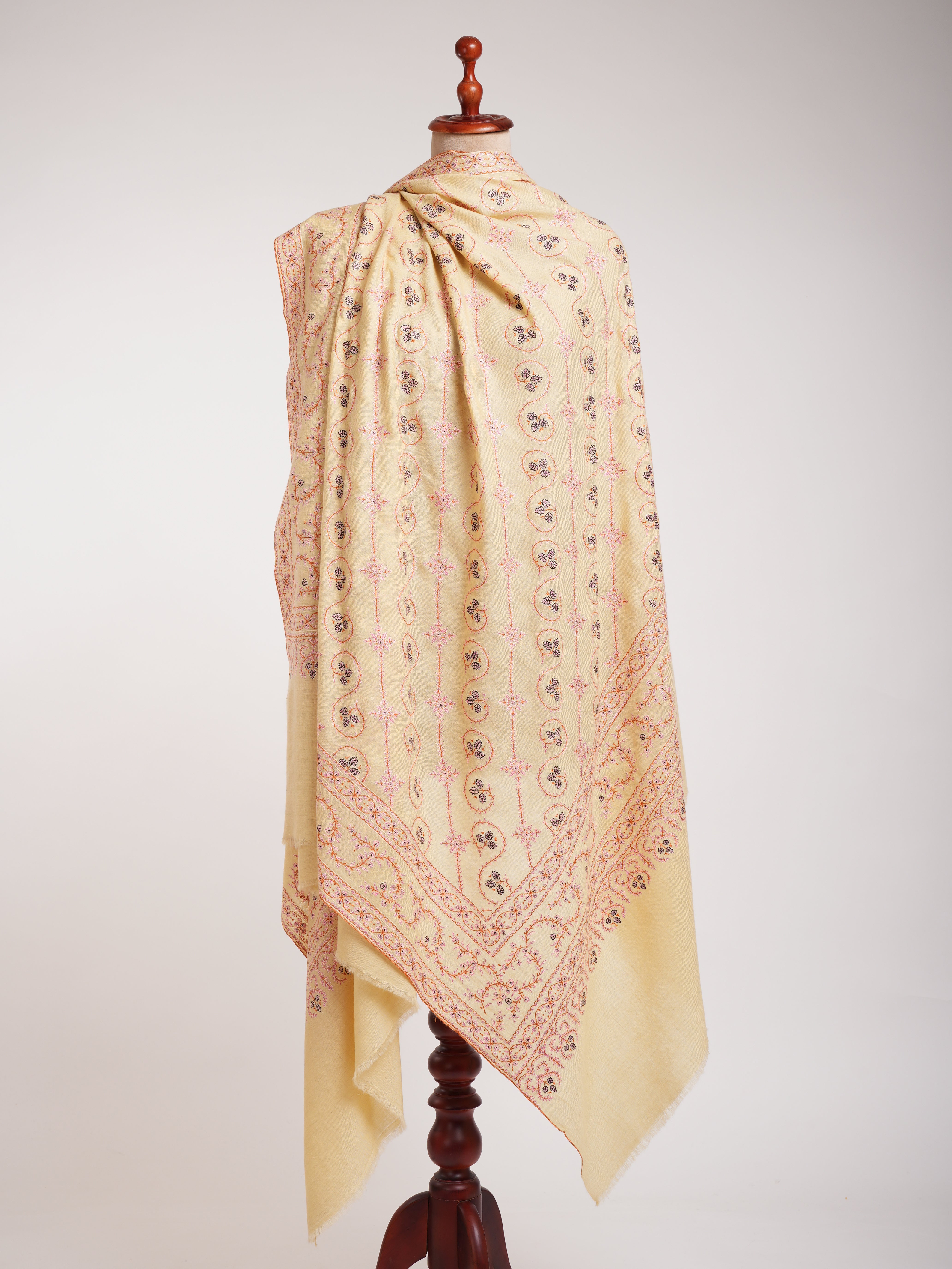 Cream XL Embroidered Indian Pashmina Shawl