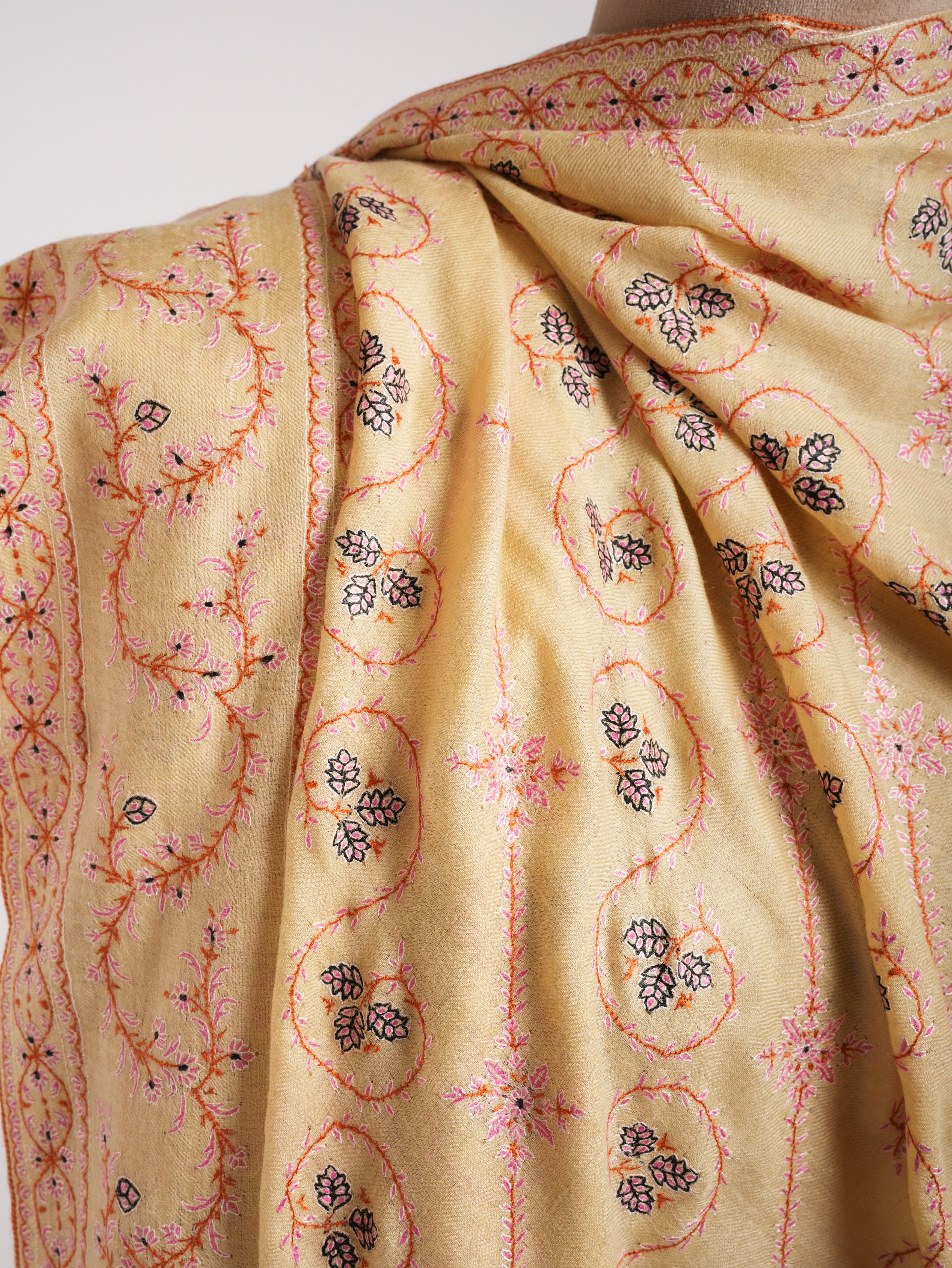 Cream XL Embroidered Indian Pashmina Shawl