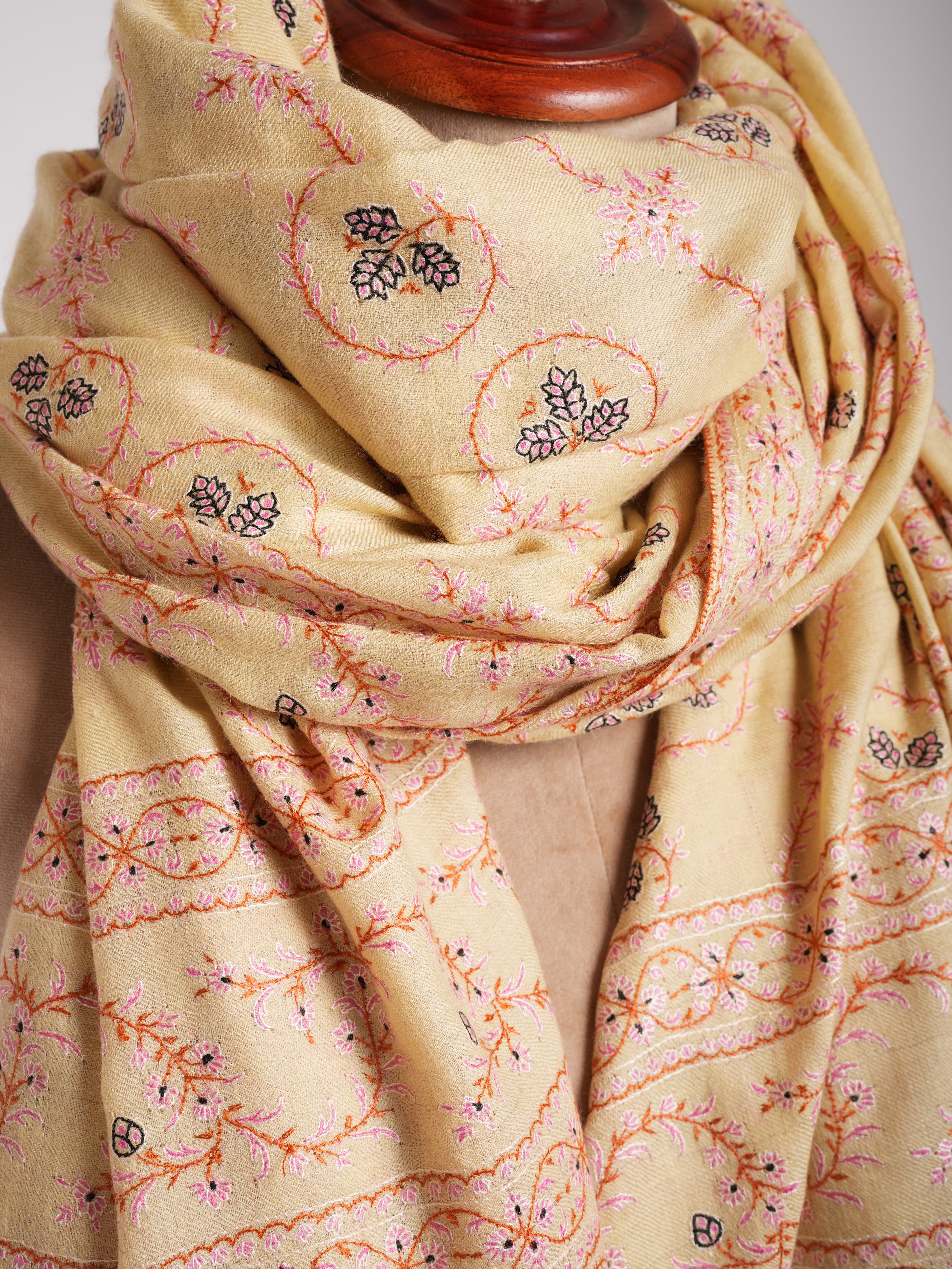 Cream XL Embroidered Indian Pashmina Shawl