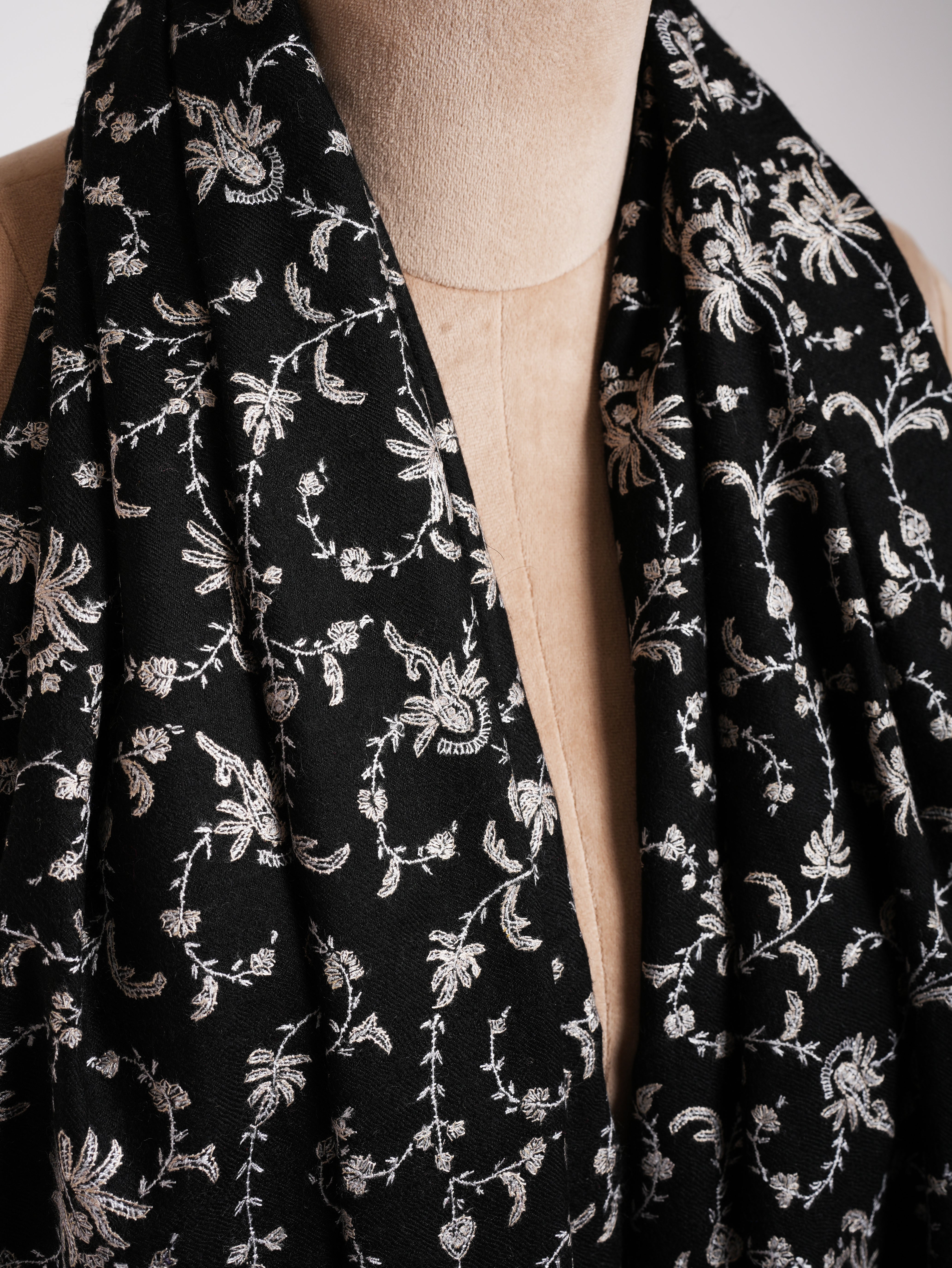 Black Pashmina Handloomed Shawl with Hand Embroidery