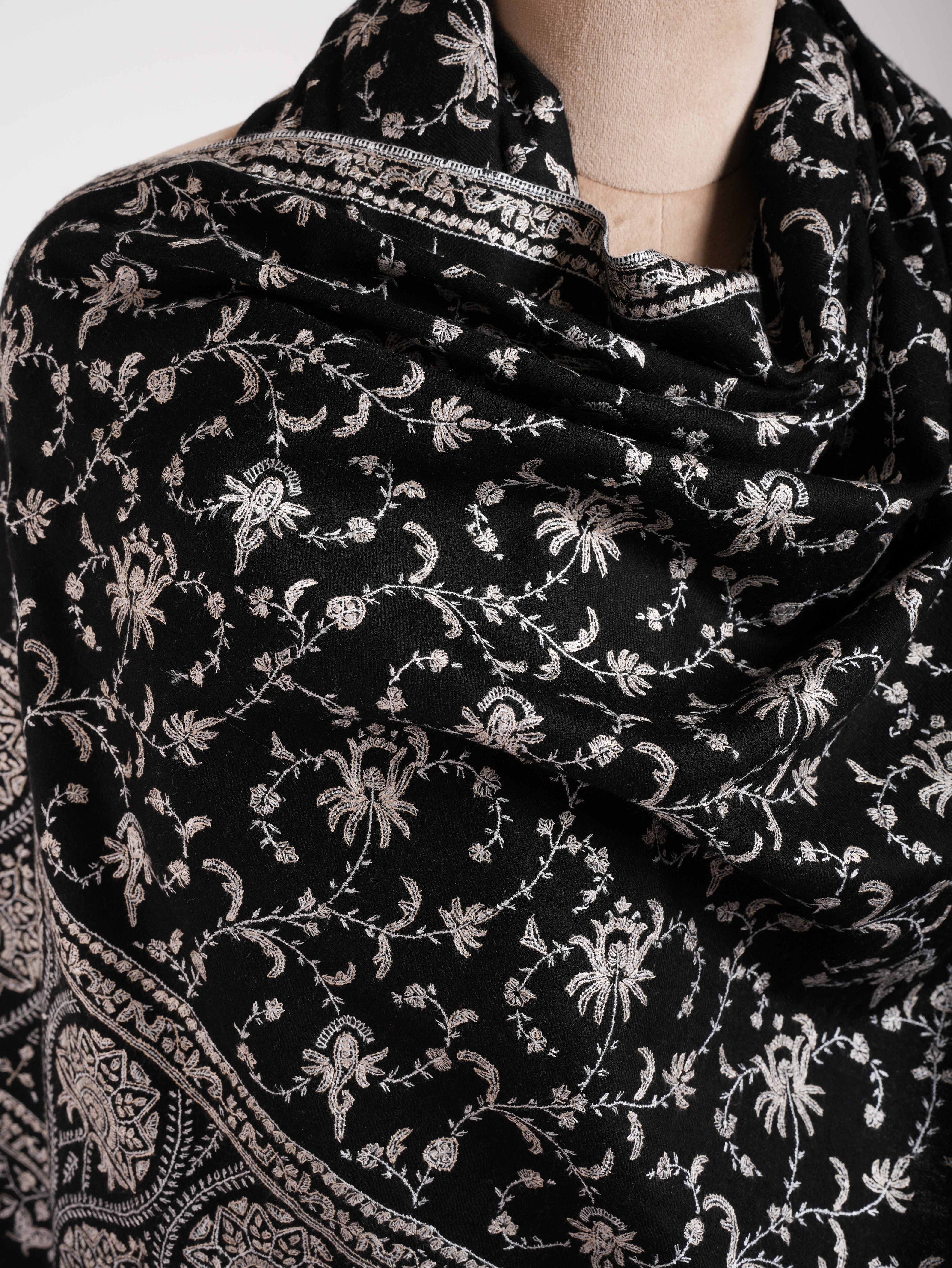 Black Pashmina Handloomed Shawl with Hand Embroidery