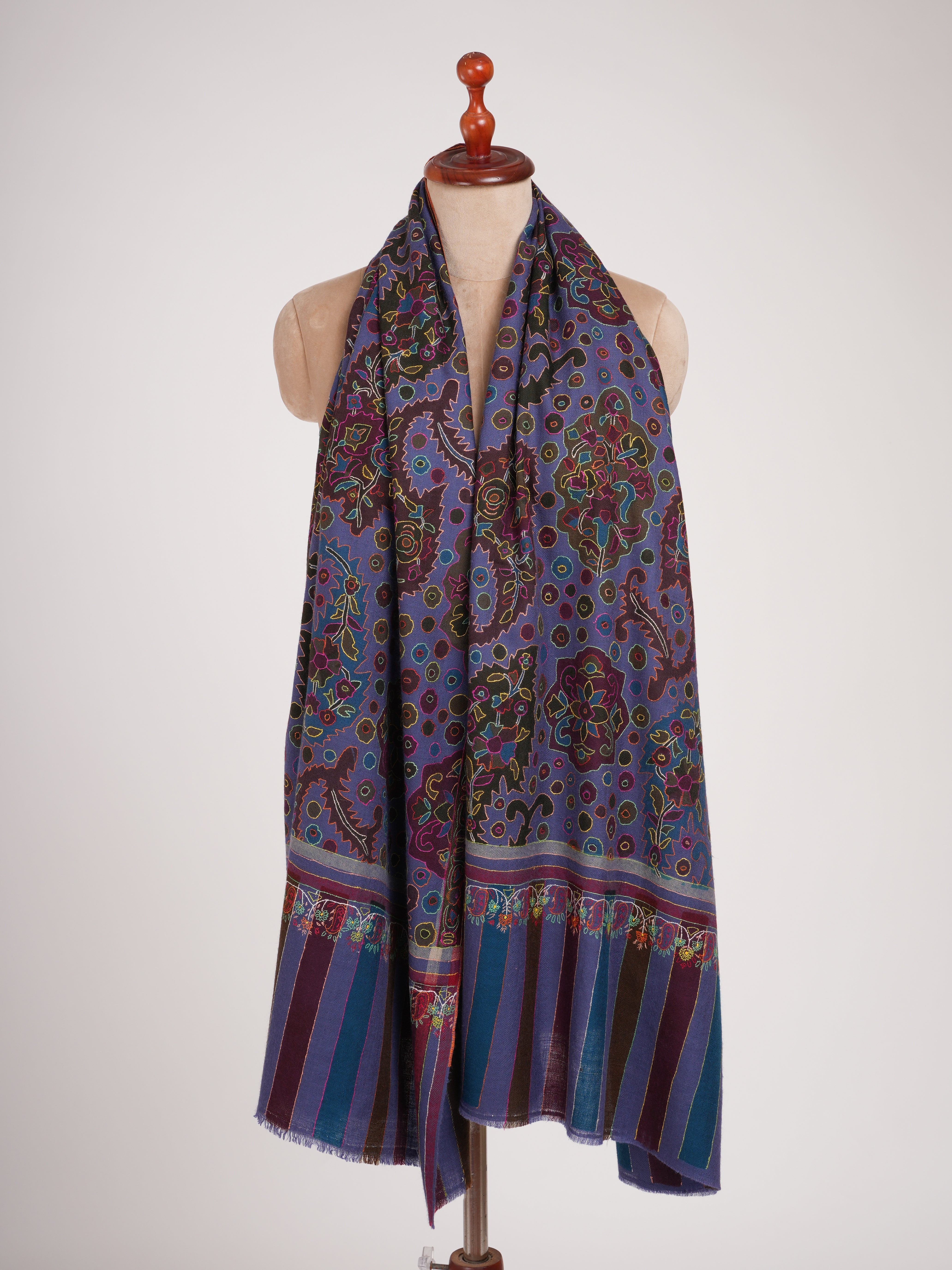 Blue Handwoven Pashmina with Outline Embroidery