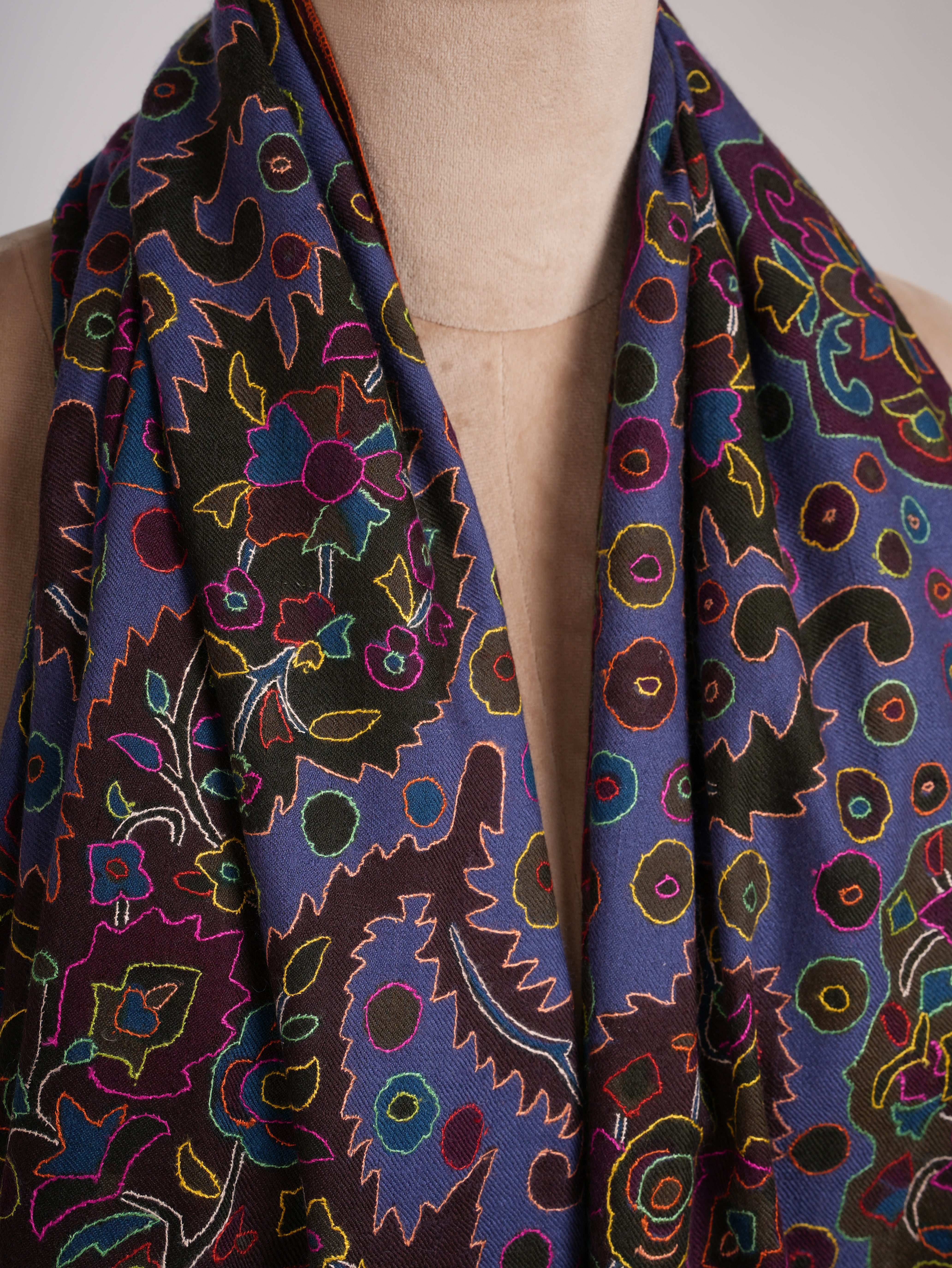 Blue Handwoven Pashmina with Outline Embroidery