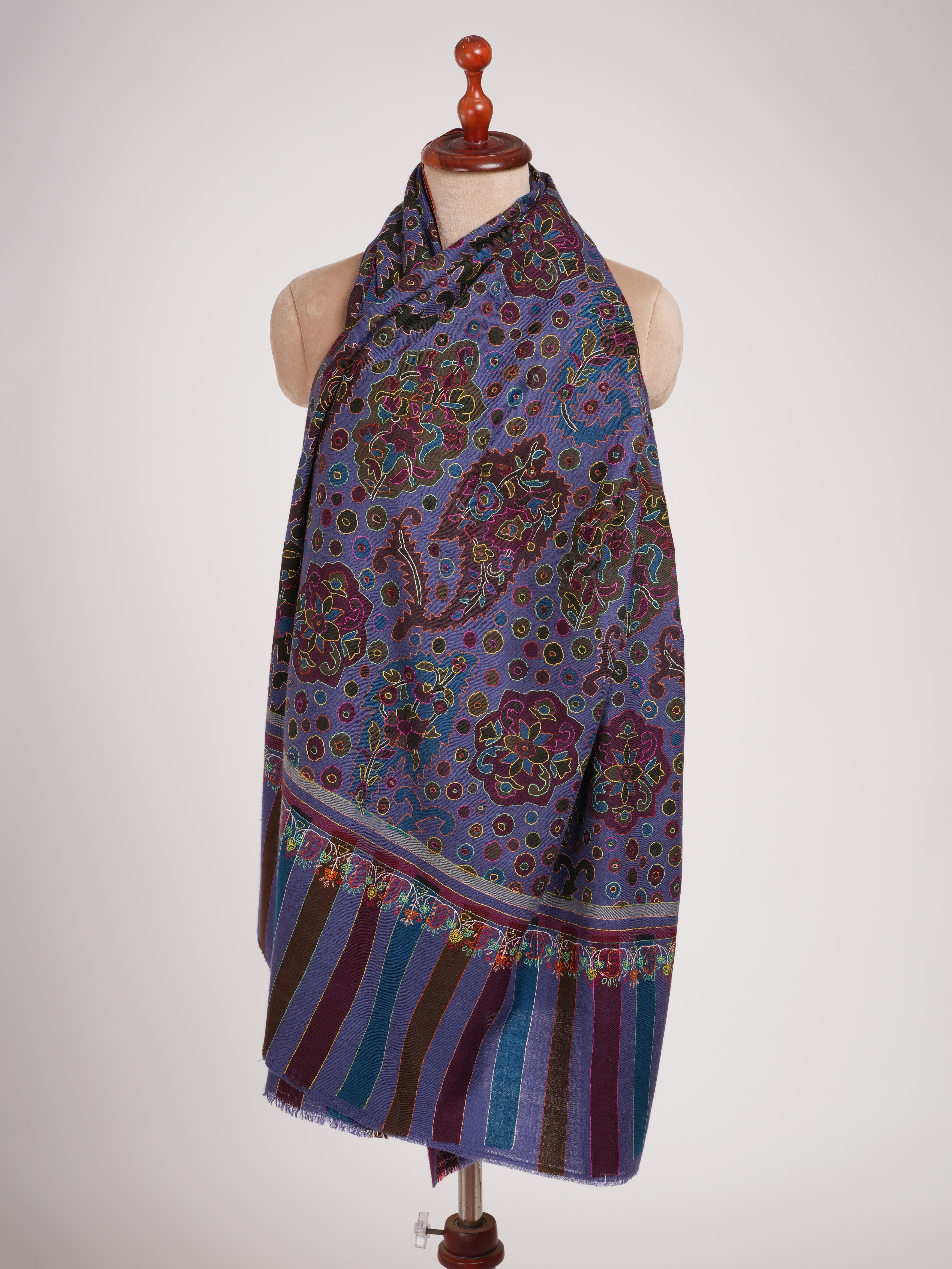 Blue Handwoven Pashmina with Outline Embroidery