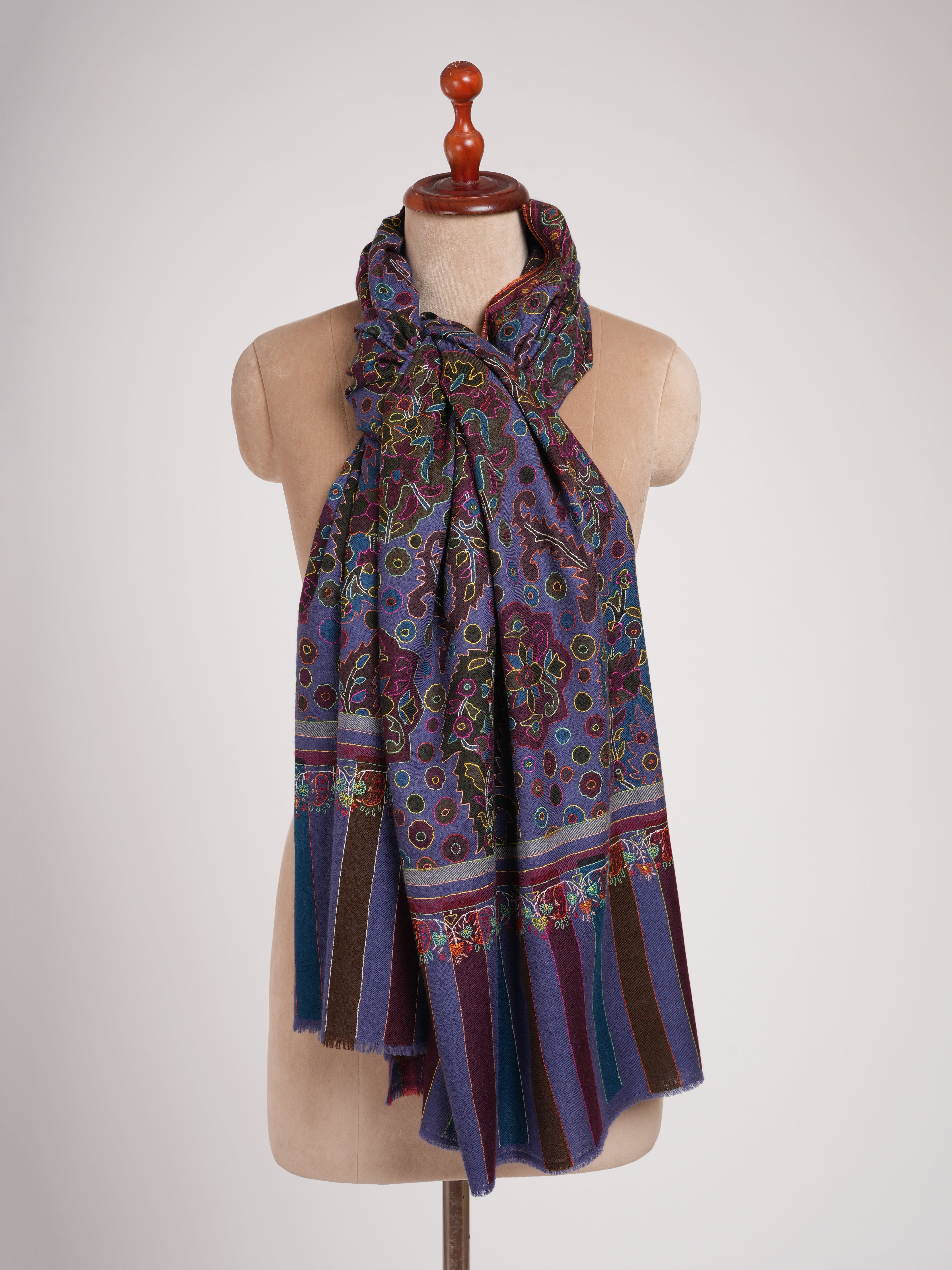 Blue Handwoven Pashmina with Outline Embroidery