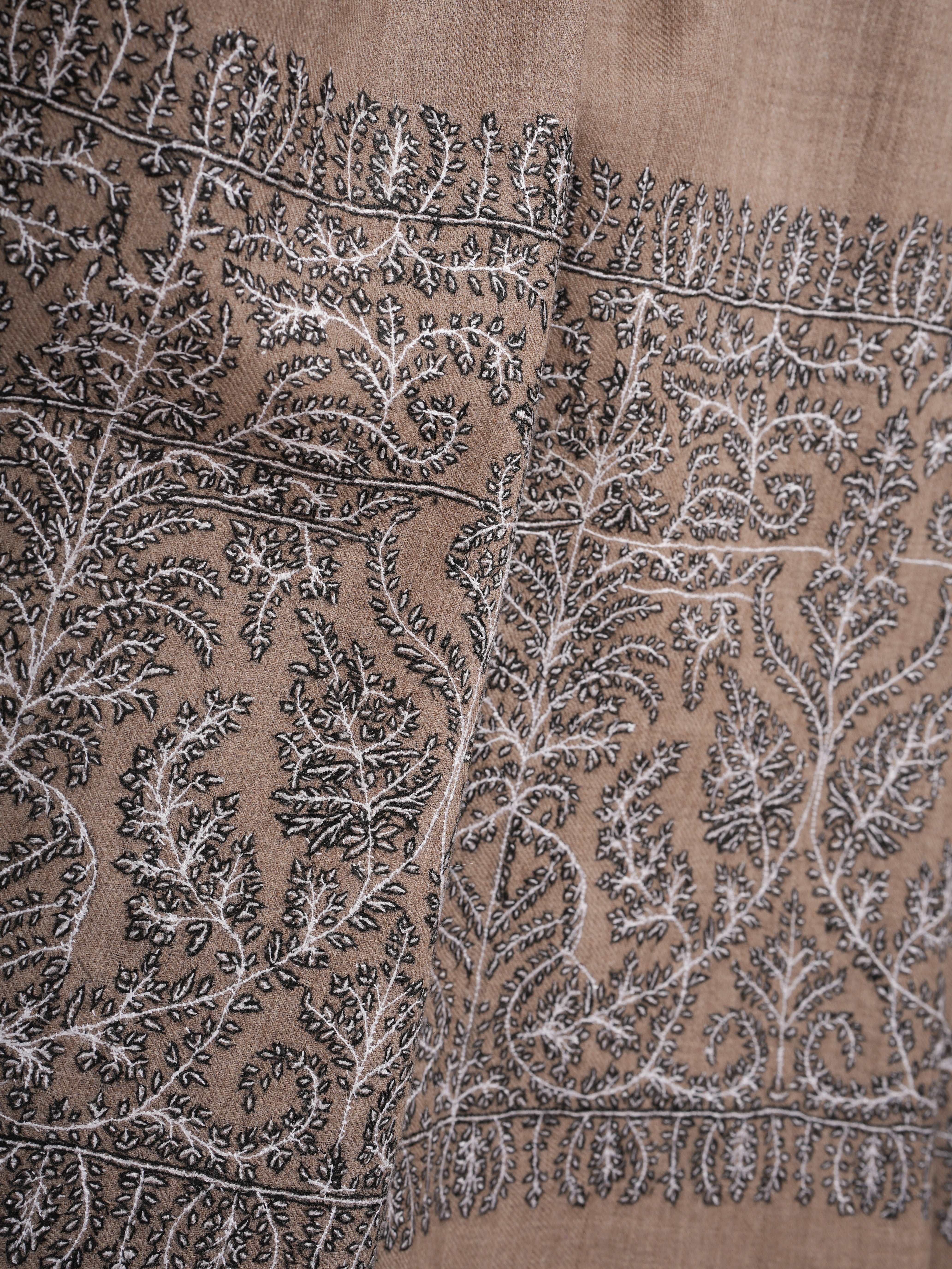 Black and White Embroidered Pure Pashmina Shawl