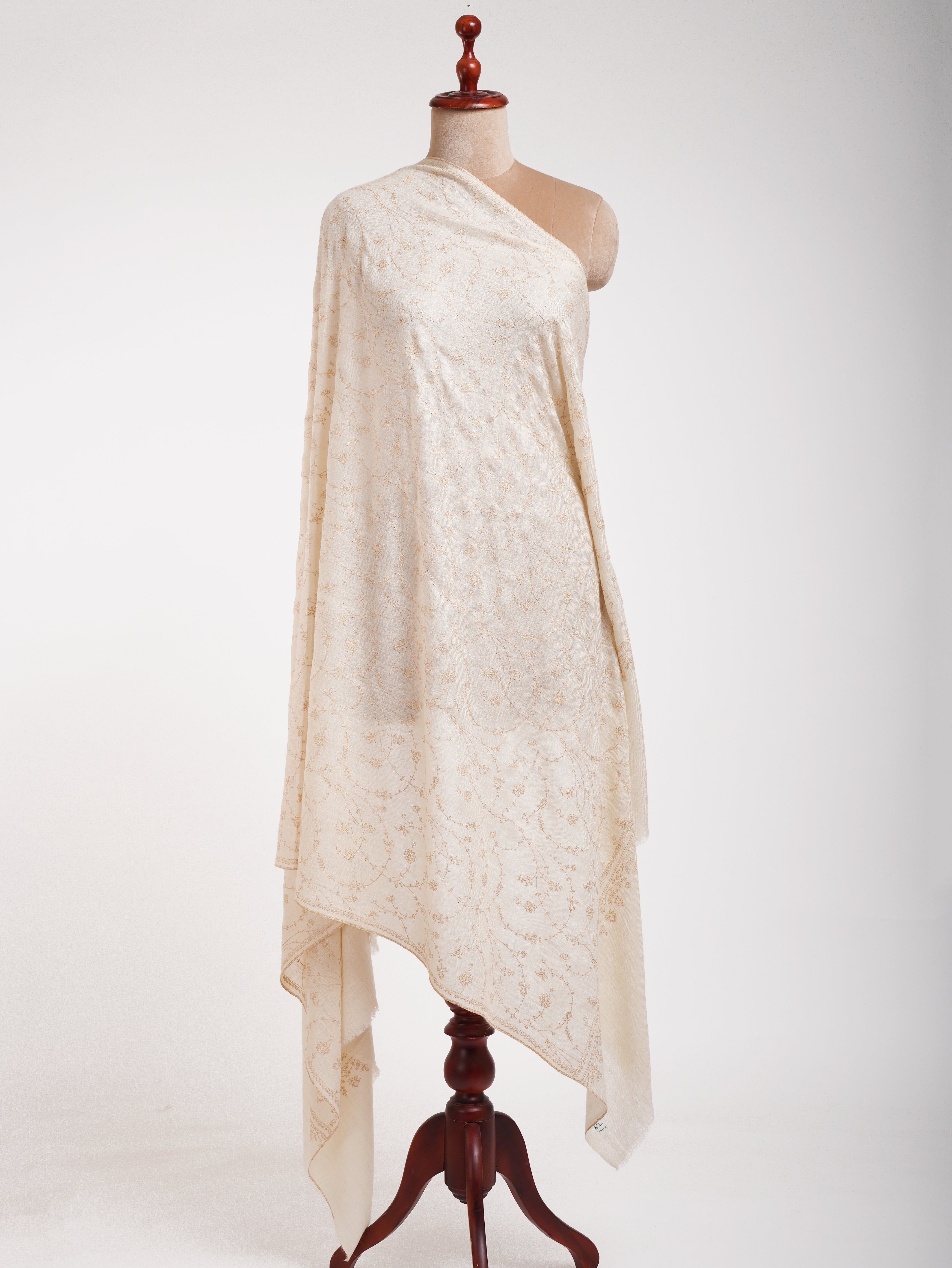 White Pashmina Shawl with Beige Embroidery