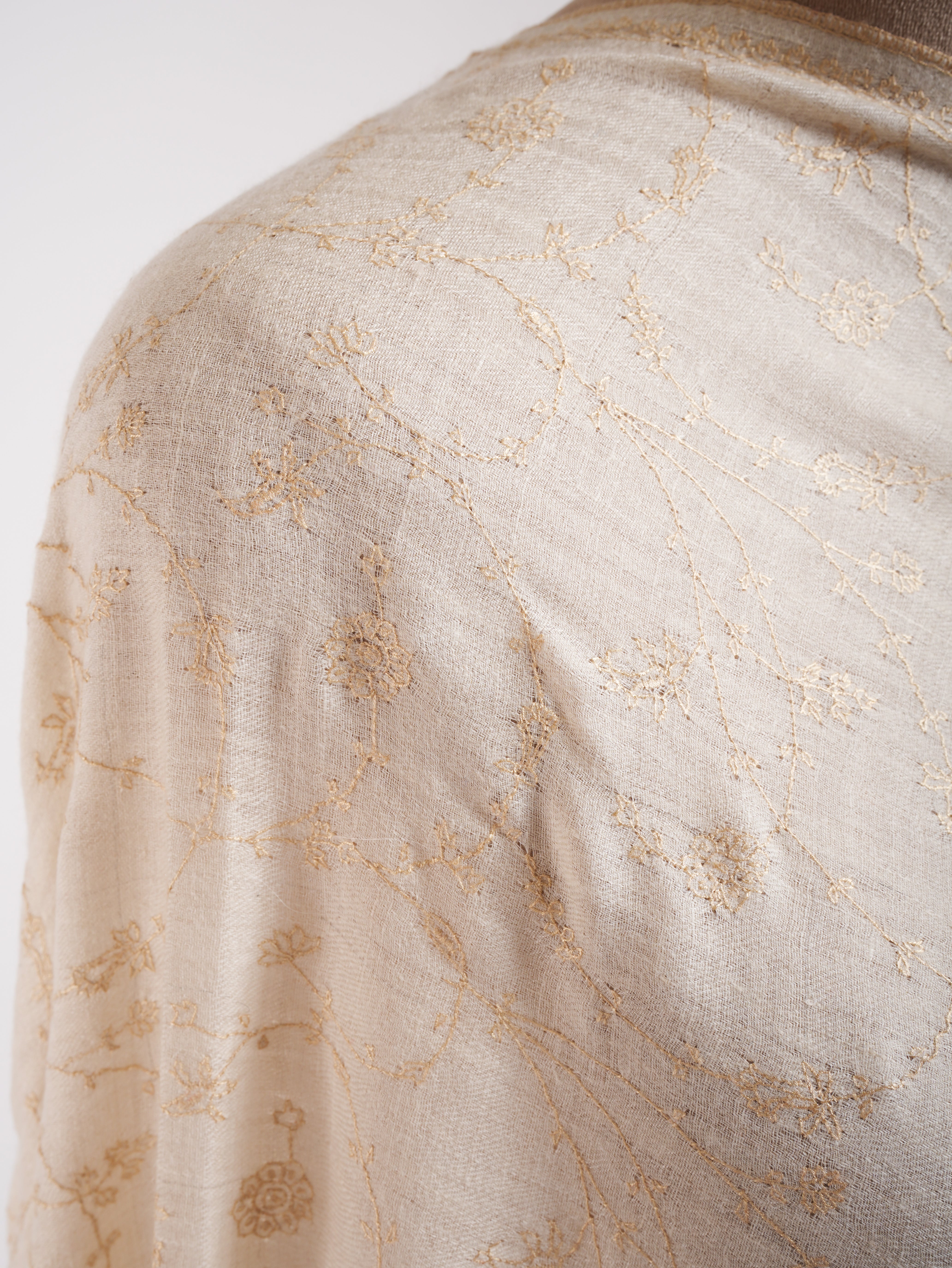 White Pashmina Shawl with Beige Embroidery