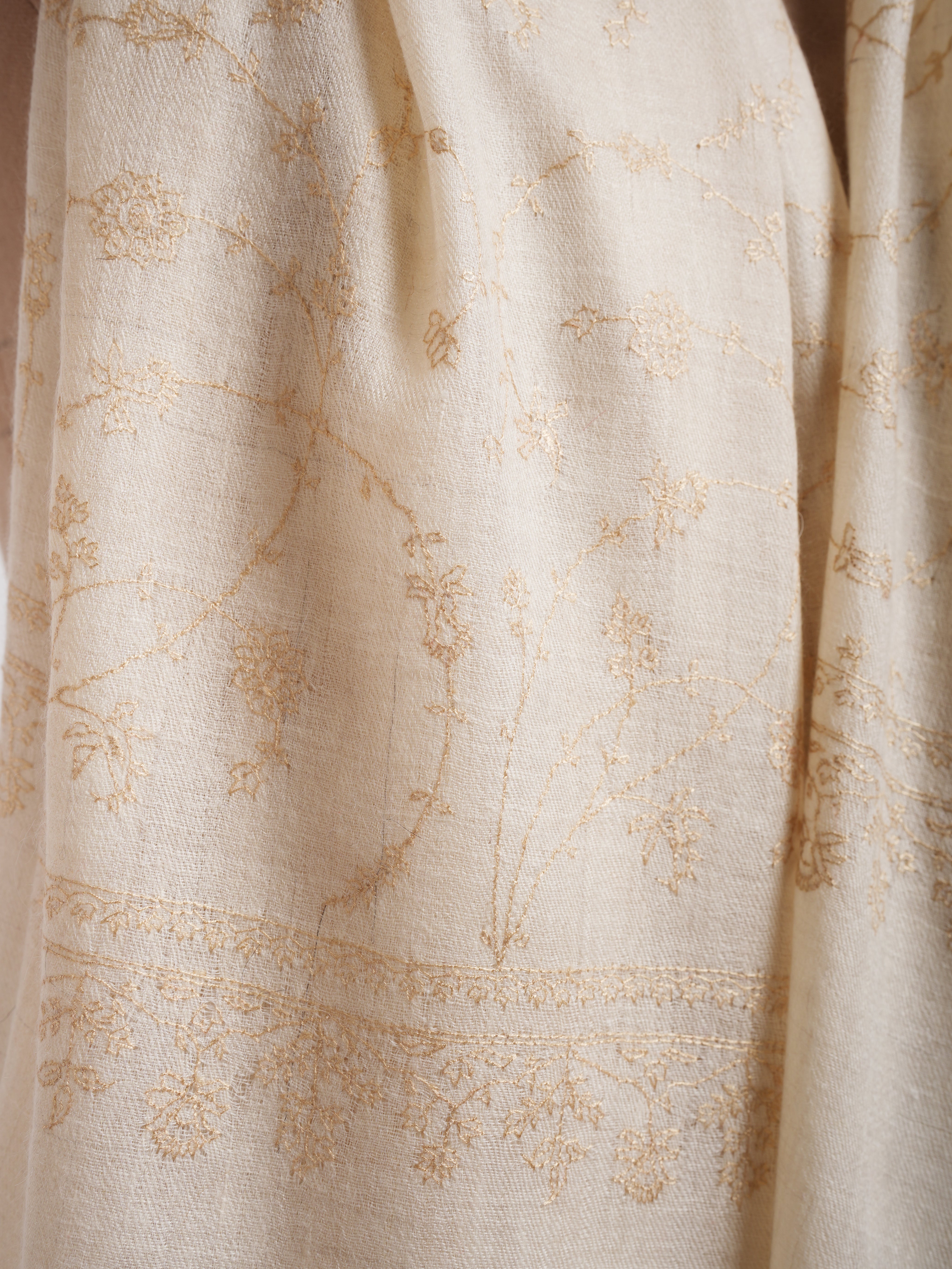 White Pashmina Shawl with Beige Embroidery