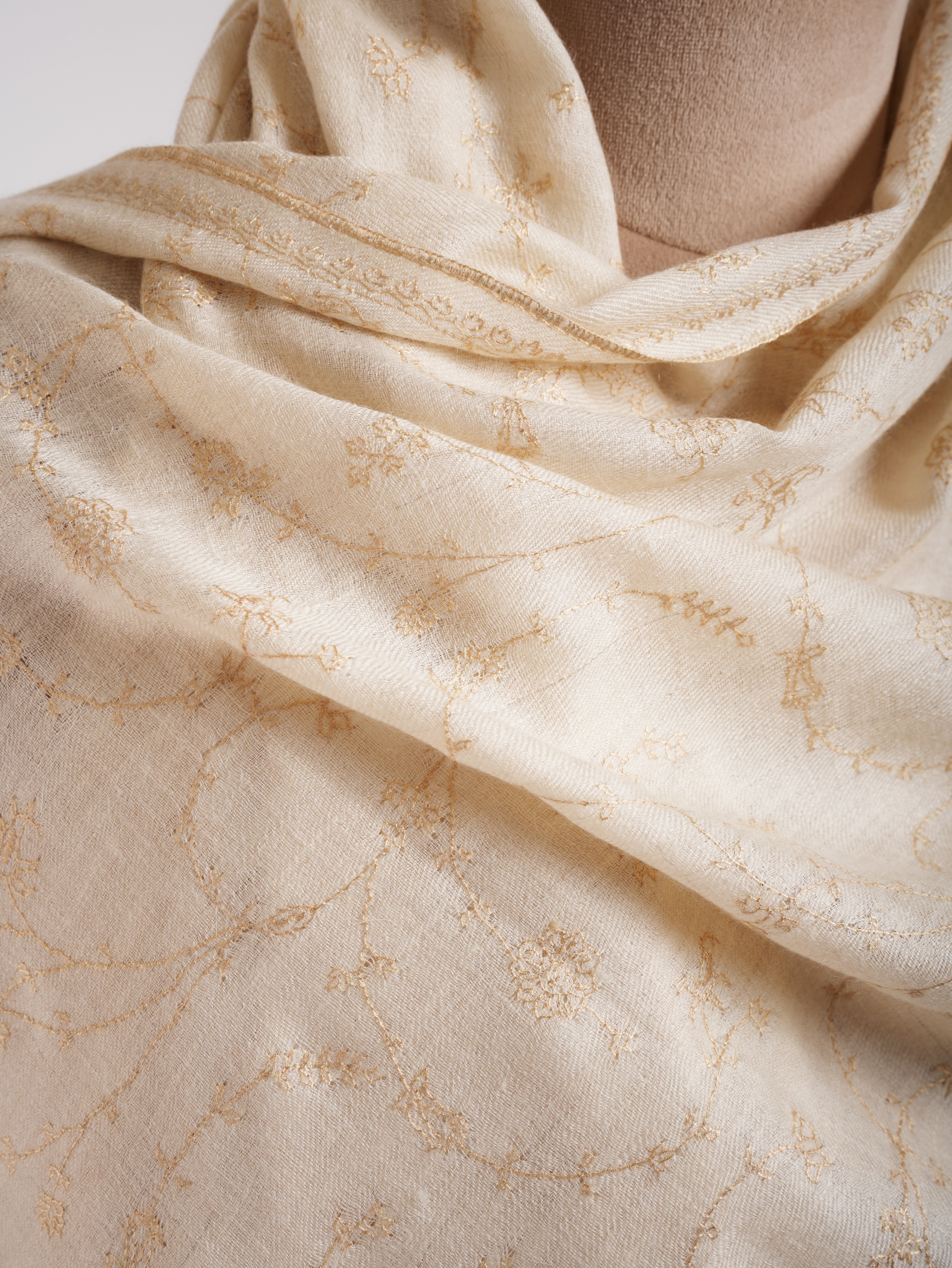 White Pashmina Shawl with Beige Embroidery