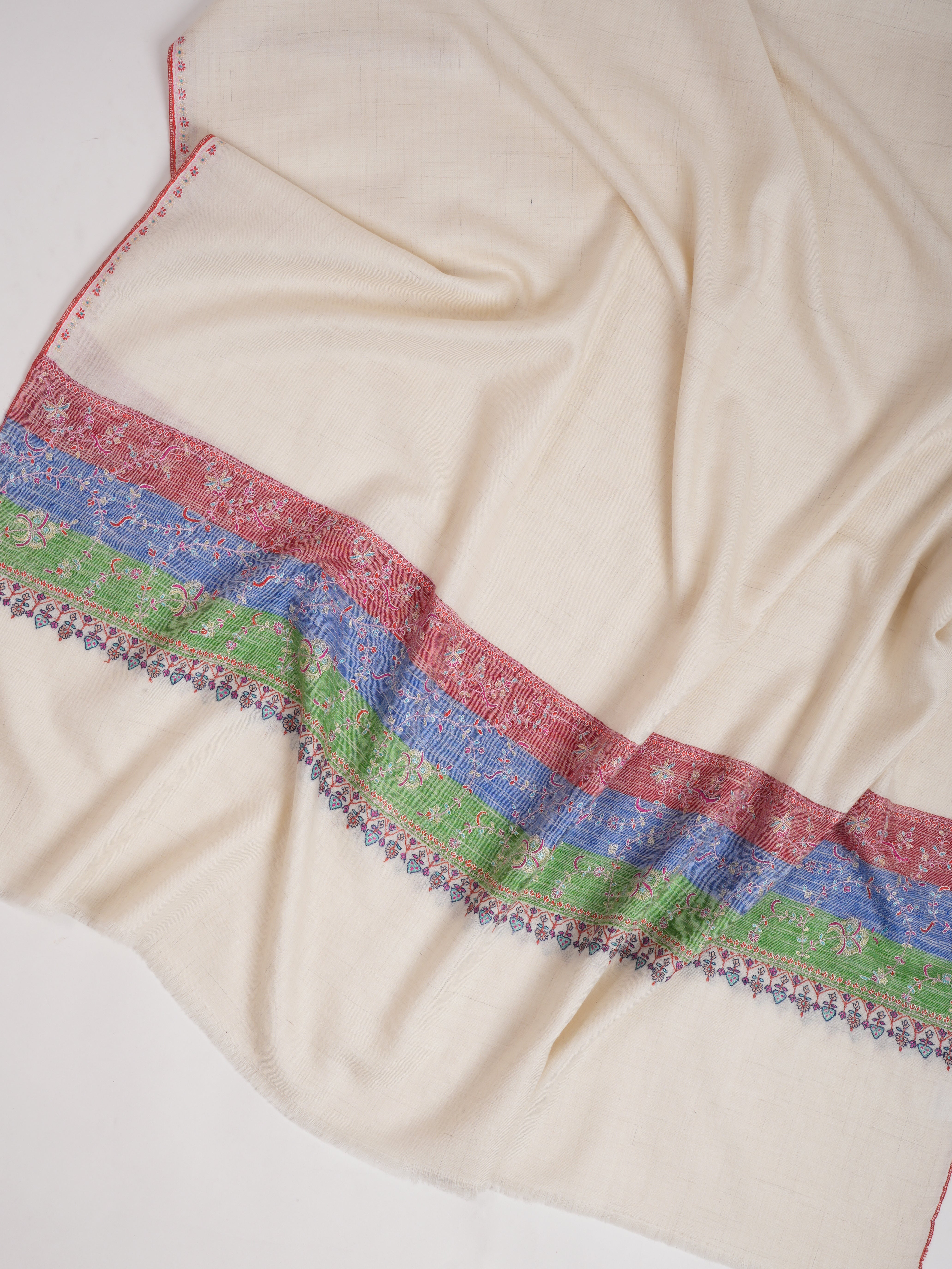 Off White Pashmina Shawl with Contrast Red Blue Green Palla