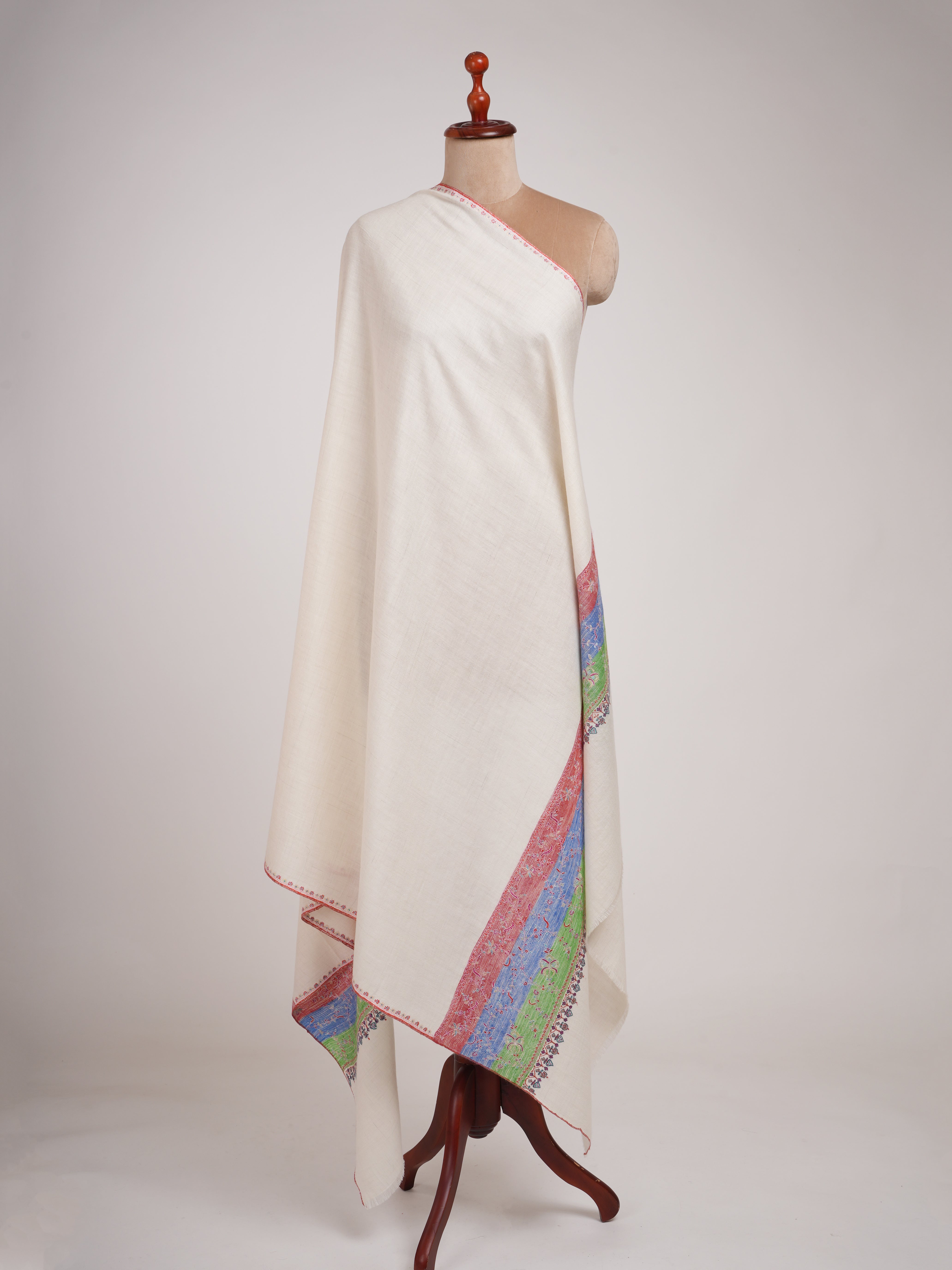 Off White Pashmina Shawl with Contrast Red Blue Green Palla