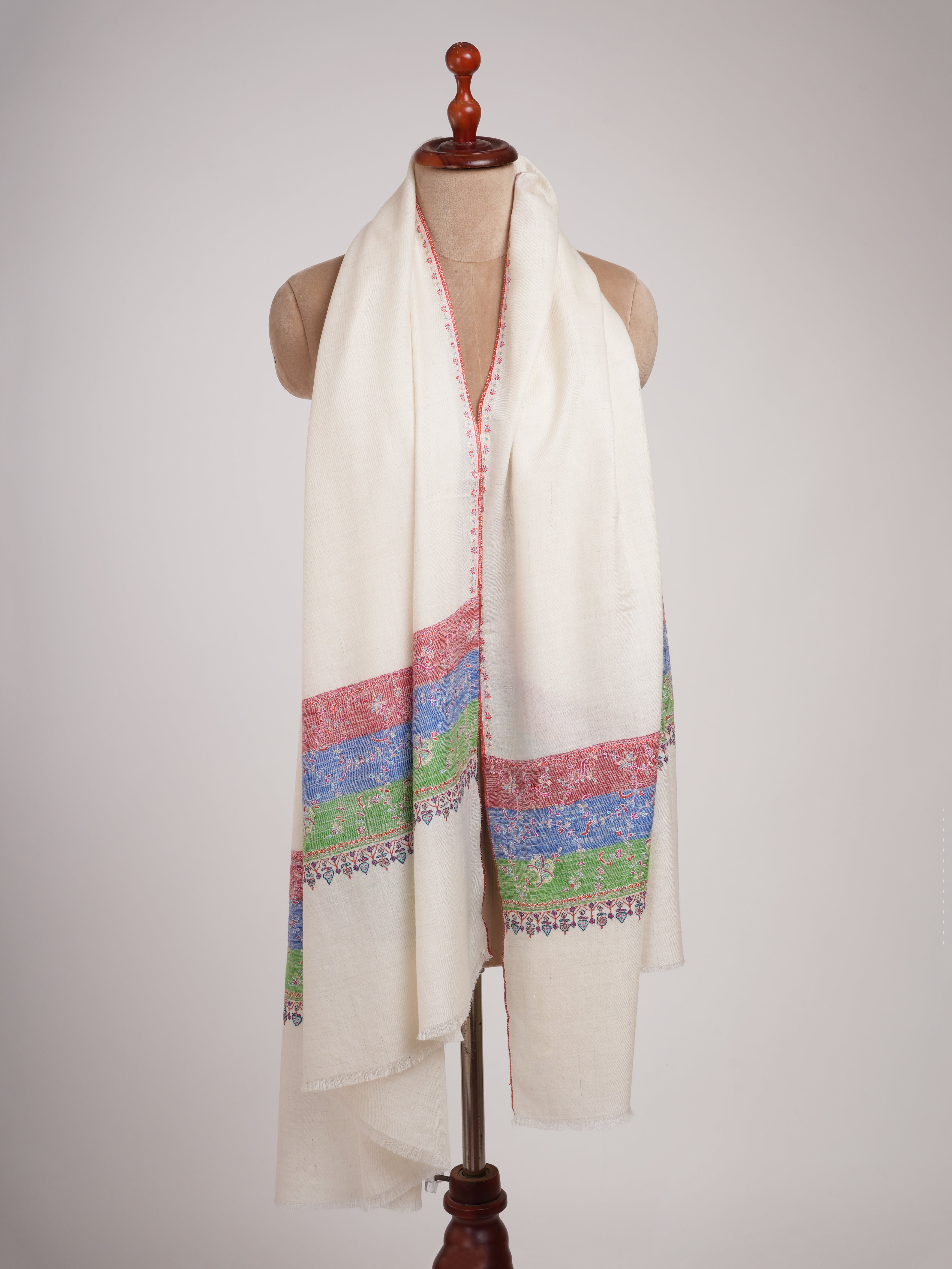 Off White Pashmina Shawl with Contrast Red Blue Green Palla